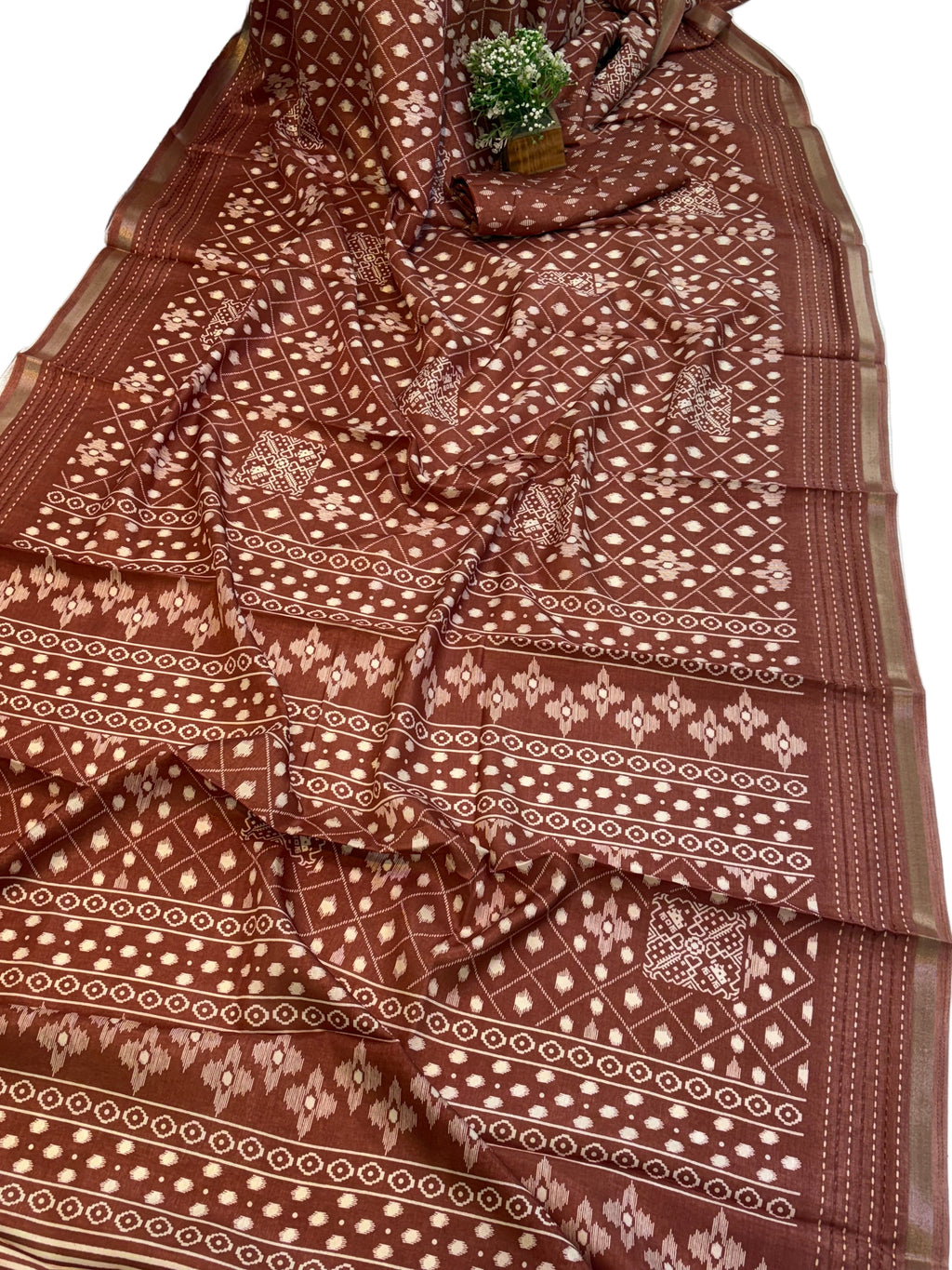 Name: Brown handblock  Printed Saree
Fabric: Soft cotton silk blend fabric with a smooth, lightweight drape motifs and patterned borders