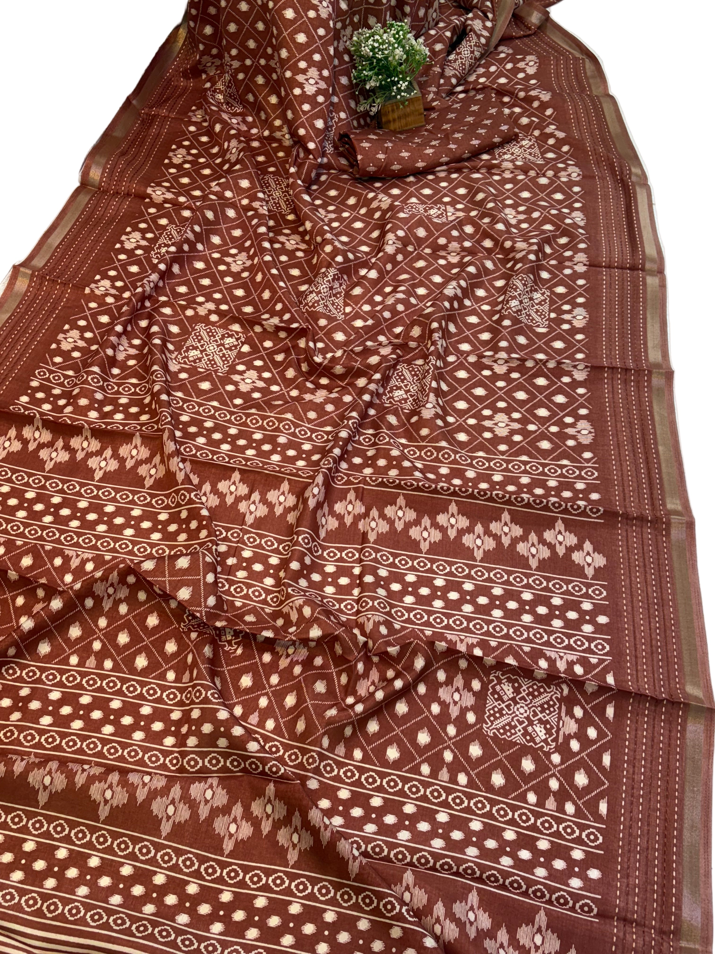 Name: Brown handblock  Printed Saree
Fabric: Soft cotton silk blend fabric with a smooth, lightweight drape motifs and patterned borders