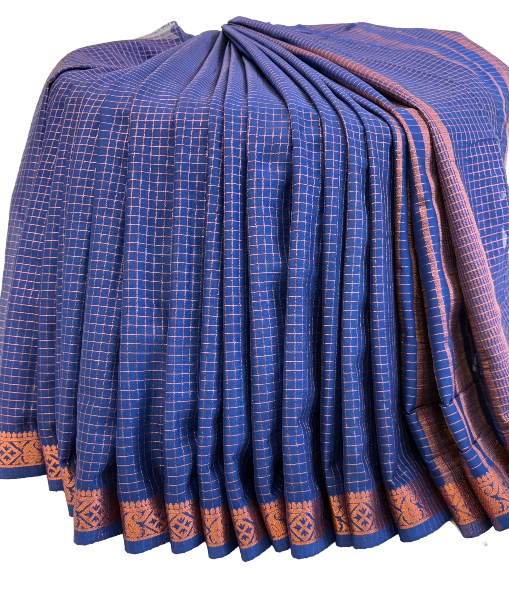 Name: Navy Blue Checkered Handloom Saree soft silk with Zari Border This saree features fine golden check patterns on a deep navy blue base, complemented by a traditional zari-woven border, giving it a rich and elegant handloom appeal.