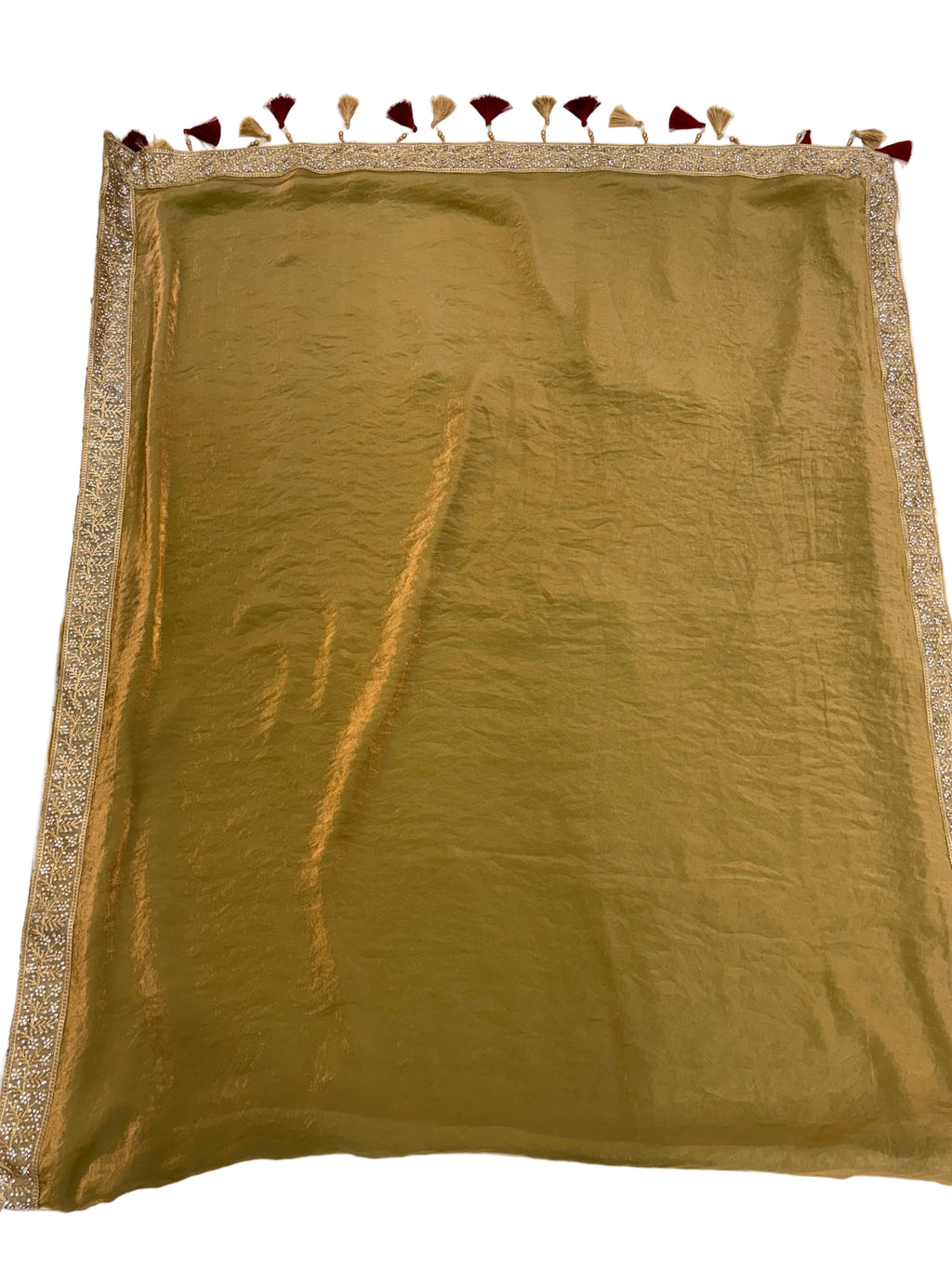 Name: Golden Grace colour Saree Jimmy-Choo saree with maroon velvet blouse intricate zari embroidered border and tassel detailing