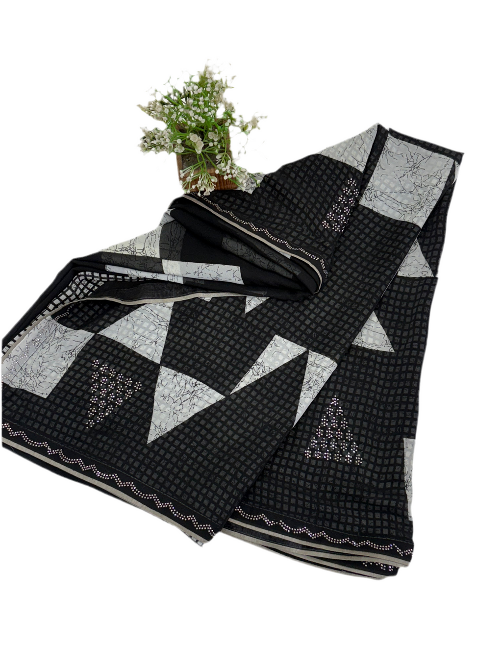Name: Monochrome Geo Saree fabric pure georgette blend featuring geometric block patterns and subtle sequin accents for a chic contemporary look.