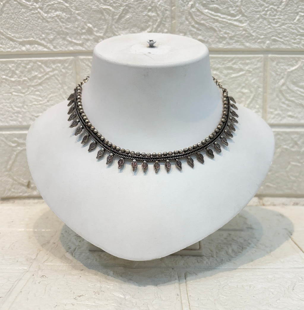 Name: Leaf Design Oxidized Choker Necklace German silver with antique finish and delicate leaf charm detailing