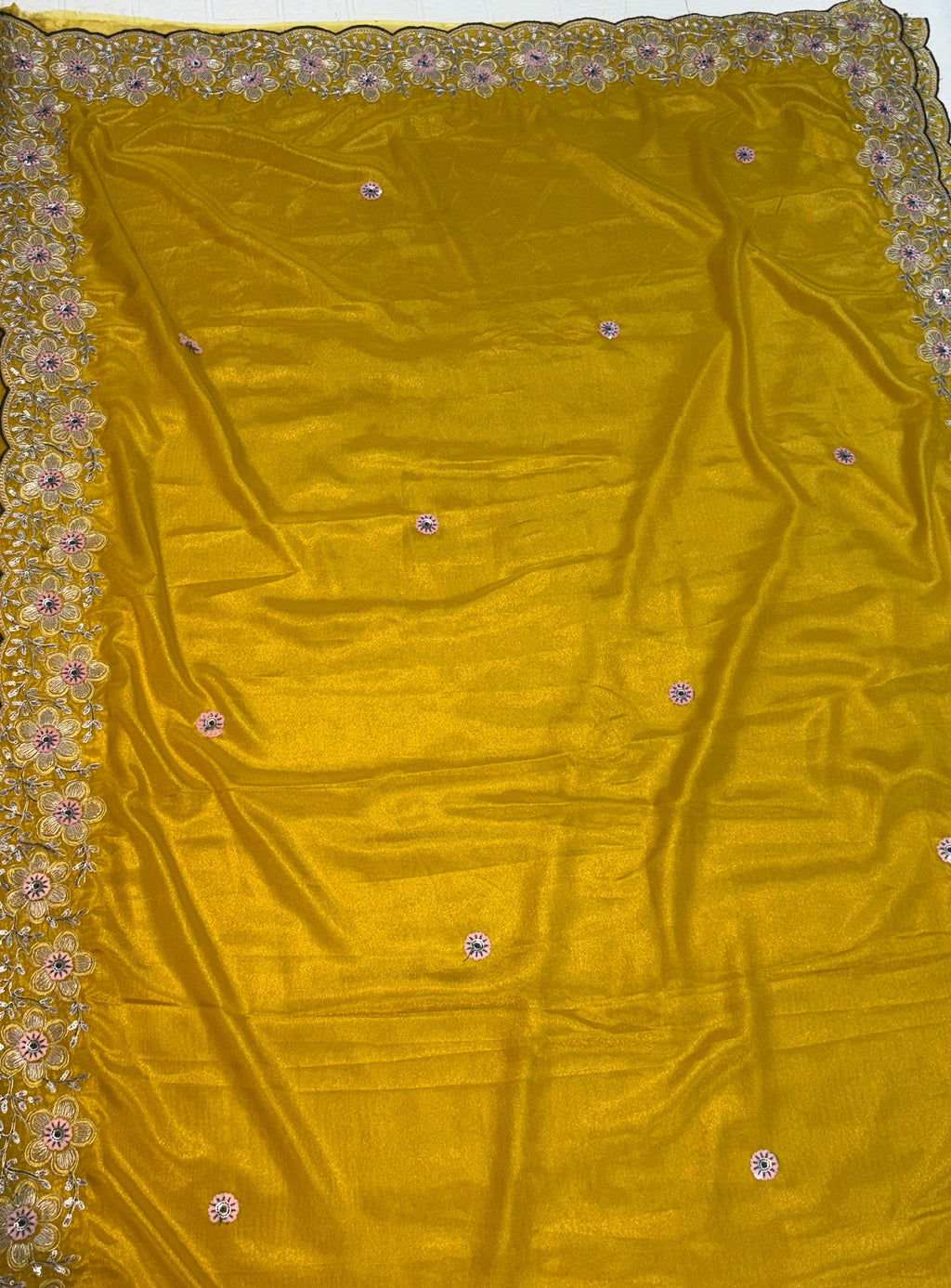 Name: Mustard Yellow colour Embroidered Saree Soft silk with thread and sequin floral border embroidery and contrast blouse bottle green colour best for festival