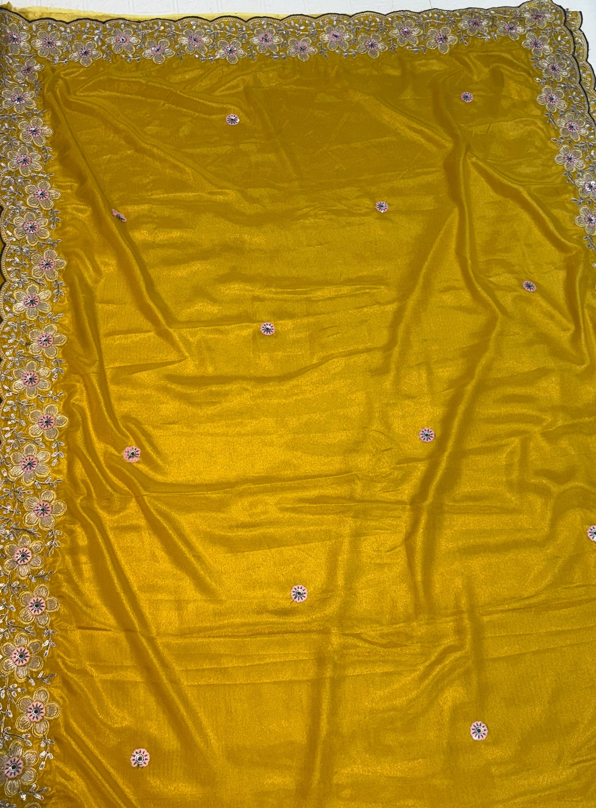 Name: Mustard Yellow colour Embroidered Saree Soft silk with thread and sequin floral border embroidery and contrast blouse bottle green colour best for festival