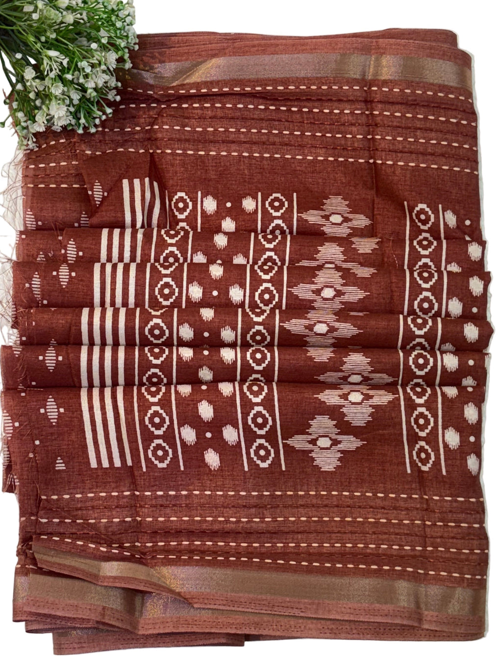 Name: Brown handblock  Printed Saree
Fabric: Soft cotton silk blend fabric with a smooth, lightweight drape motifs and patterned borders