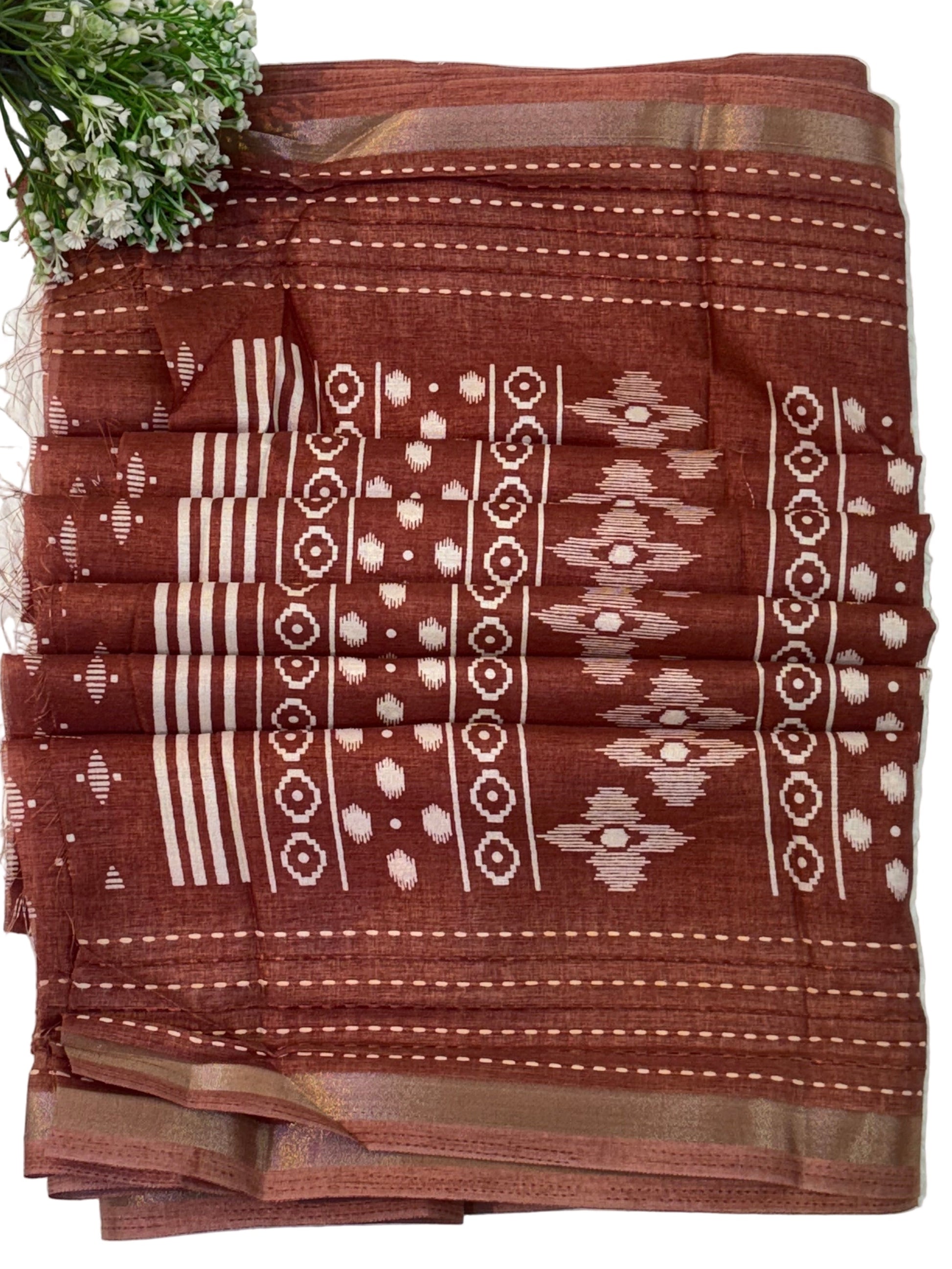 Name: Brown handblock  Printed Saree
Fabric: Soft cotton silk blend fabric with a smooth, lightweight drape motifs and patterned borders