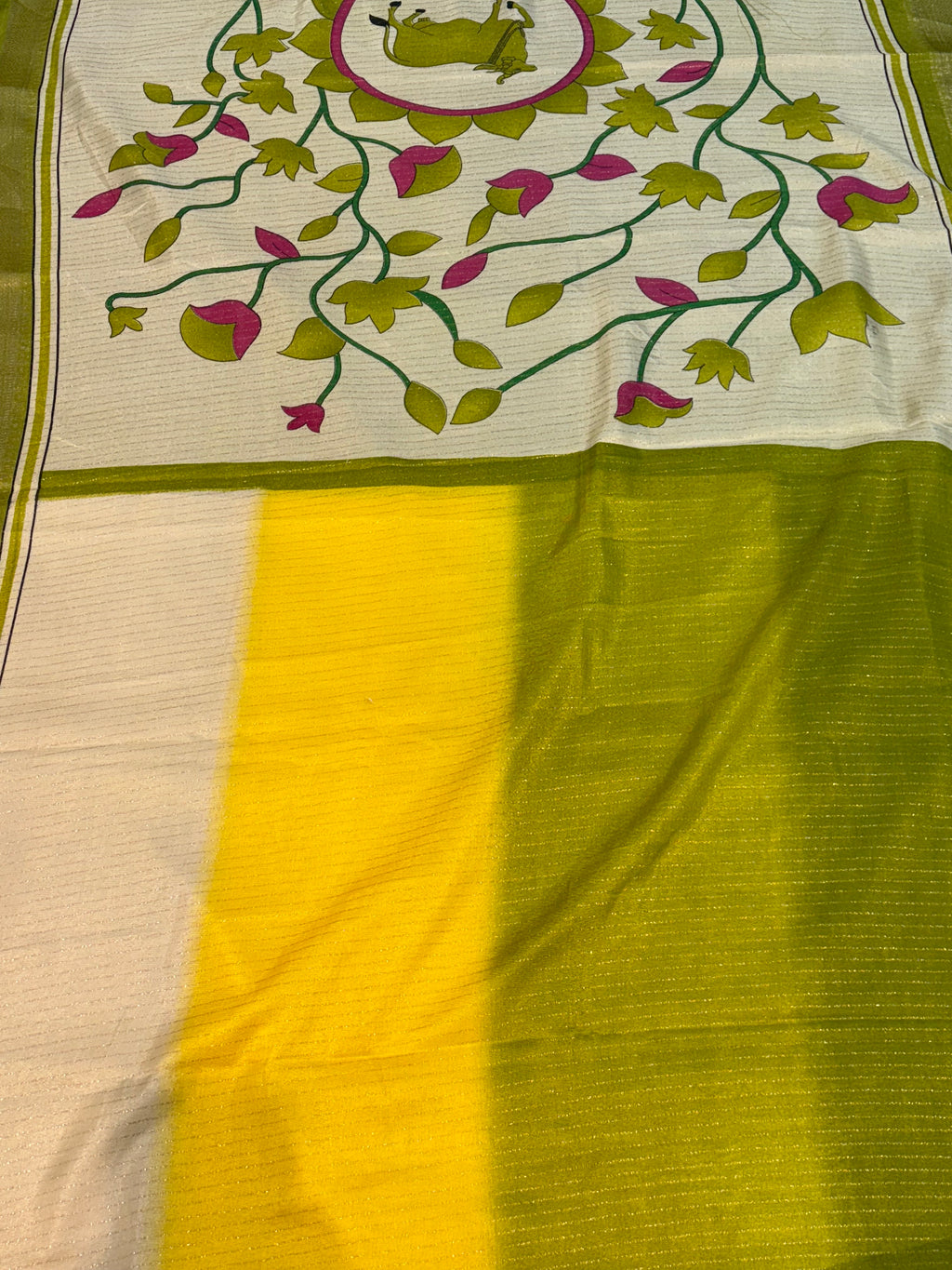 Name: Olive Green & Yellow Floral Saree semi Silk fabric with printed floral pallu and subtle shimmer texture