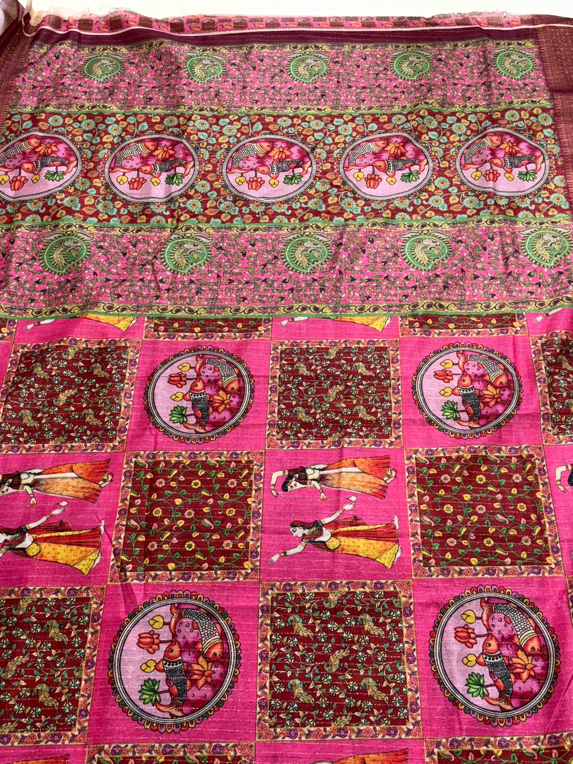 Pattachitra or Folk Art Print Saree Kalamkari or Digital Print Silk Saree Batik or Tie-Dye Print Saree Pink Saree (with square blocks and  circular & figures)