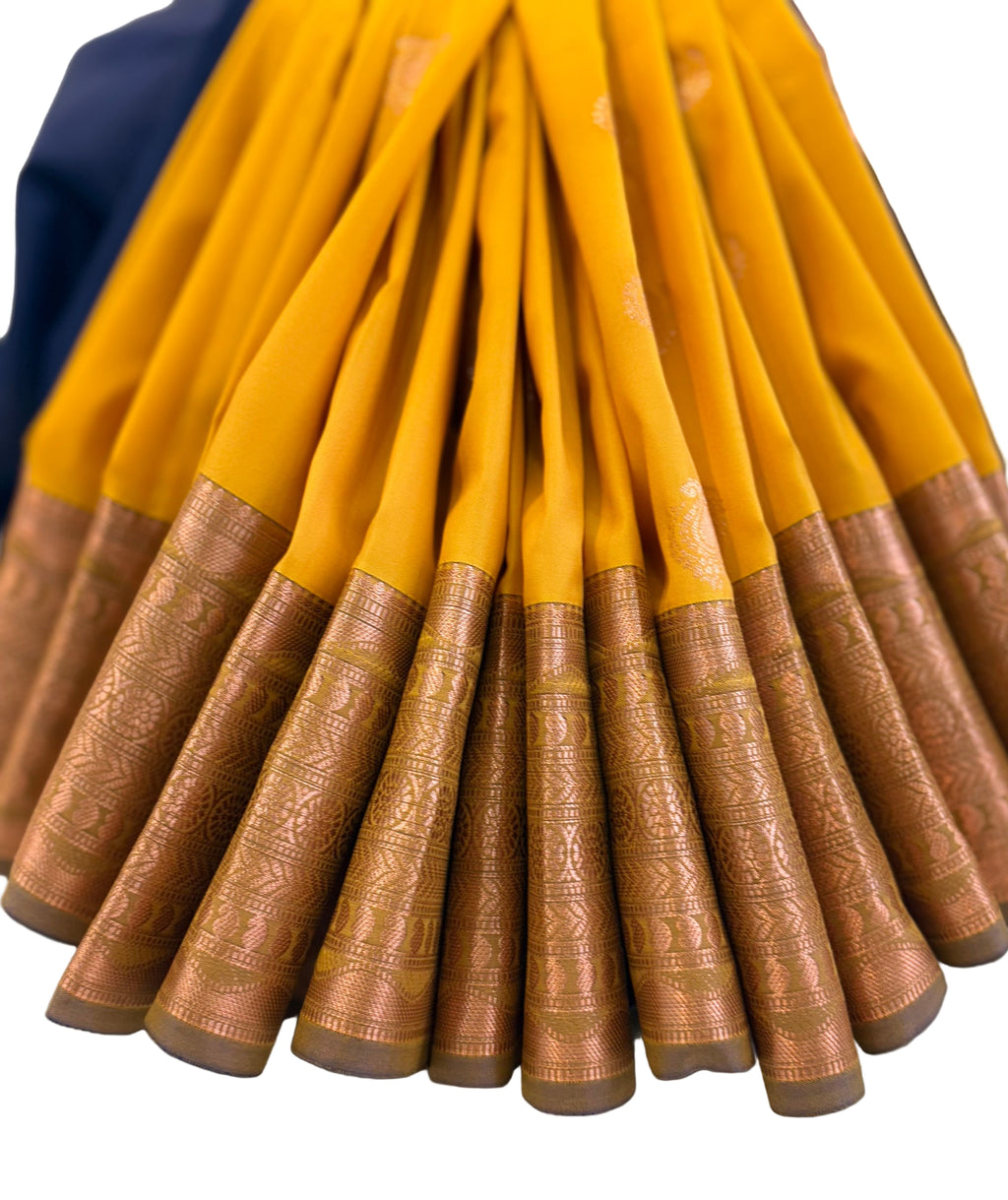 Name: Mustard Yellow soft Silk Saree with Contrast Navy Blue Zari Woven Border and Pallu