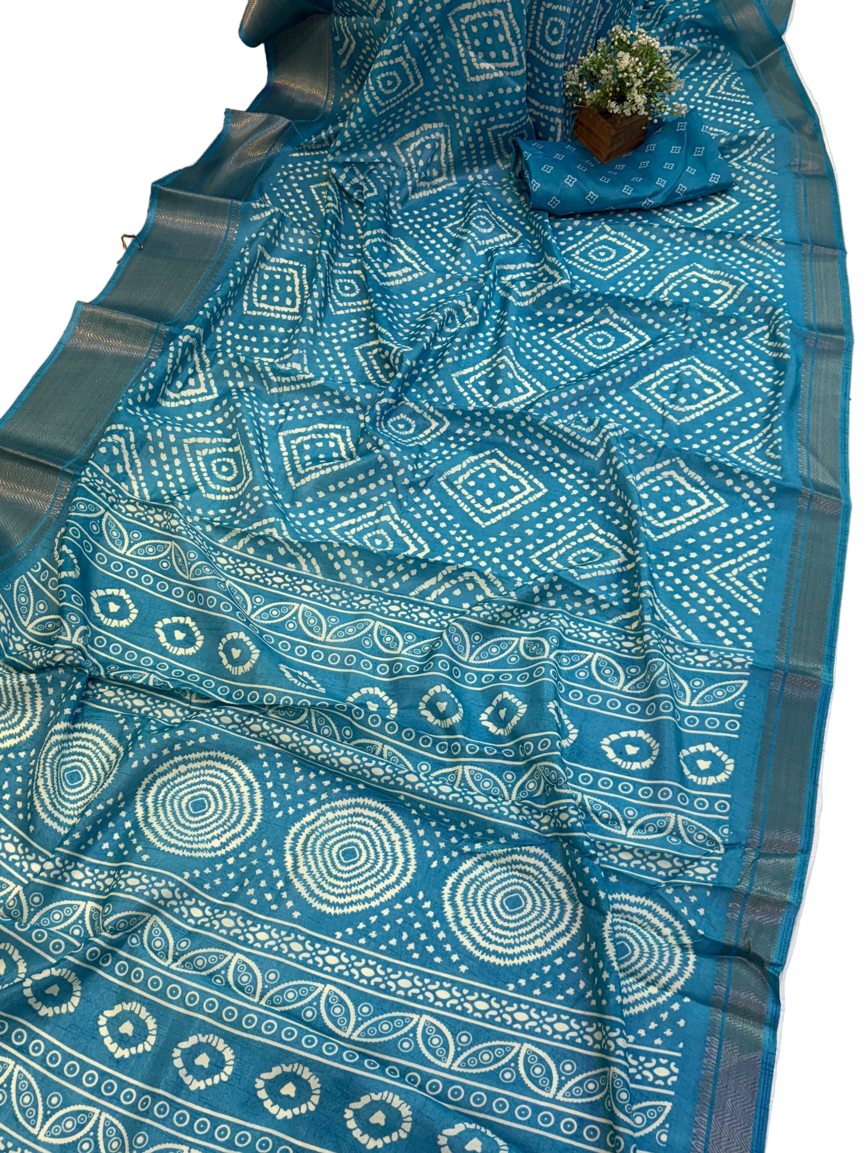Name: Indigo Bandhani Printed Saree fabric Soft cotton silk blend with a lightweight, breathable drape