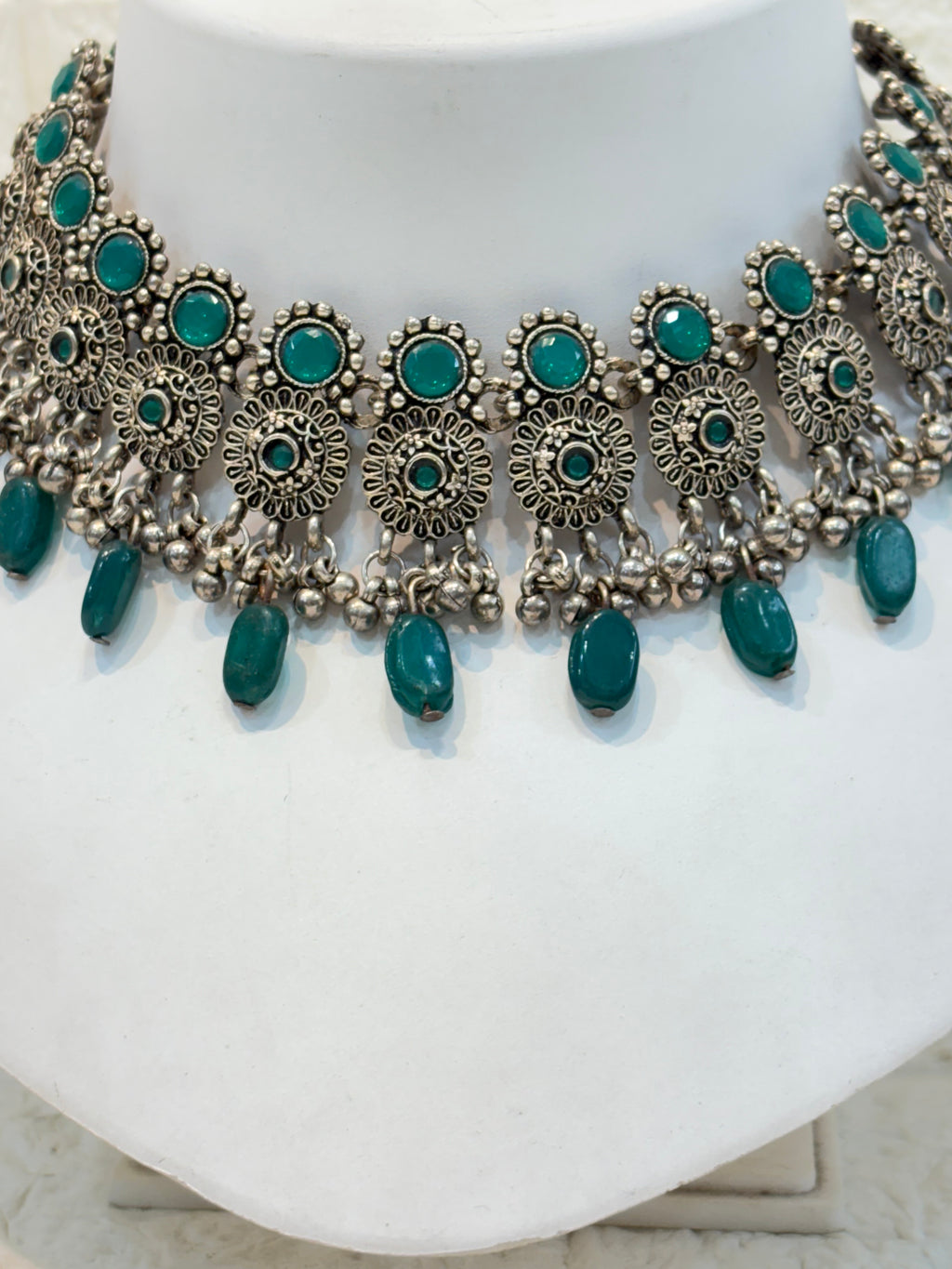 Name: Antique Silver Choker Necklace Oxidized silver metal with green stone embellishments