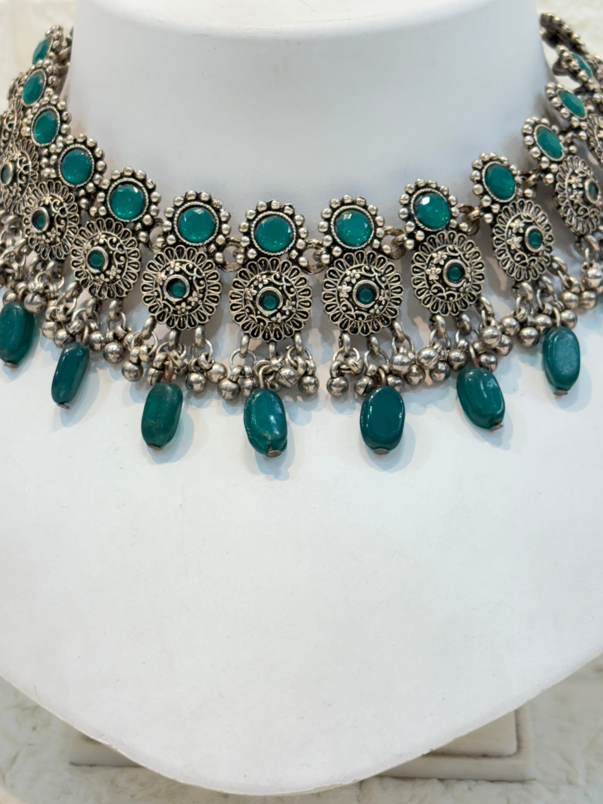 Name: Antique Silver Choker Necklace Oxidized silver metal with green stone embellishments