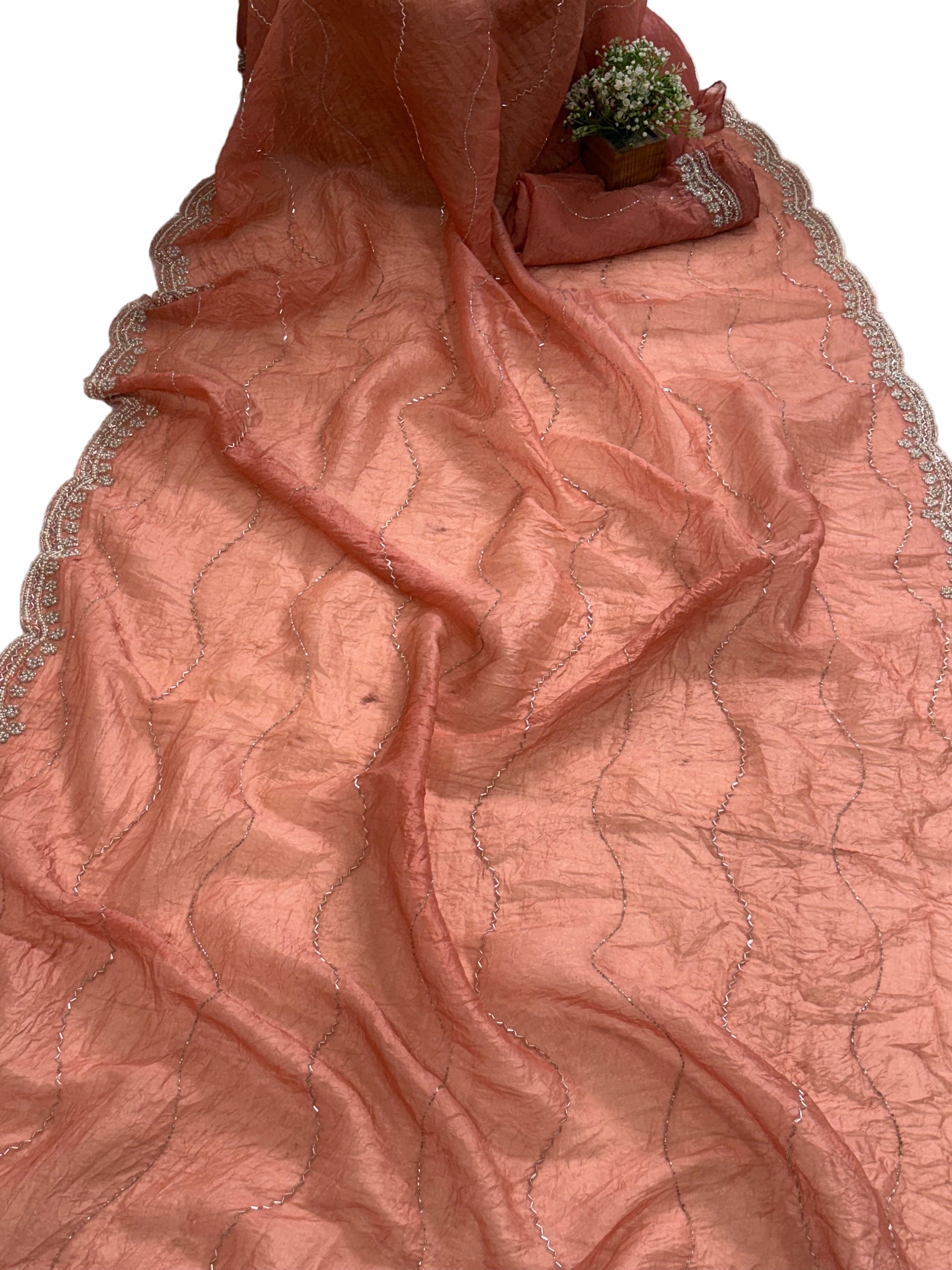Name: creamy peach colour Saree Shimmer organza with delicate sequin wave embroidery and scalloped border