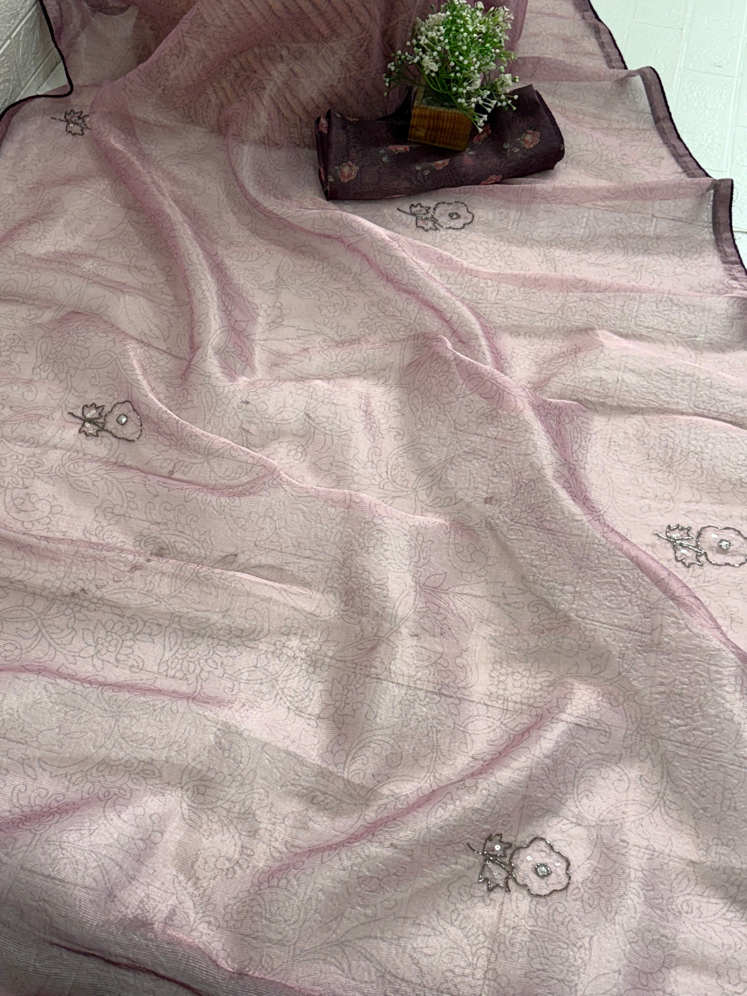 Name: Lavender Floral rust tissue fabric Saree
Lightweight with subtle floral embroidery and pastel printed motifs, offering a soft and elegant sheen.