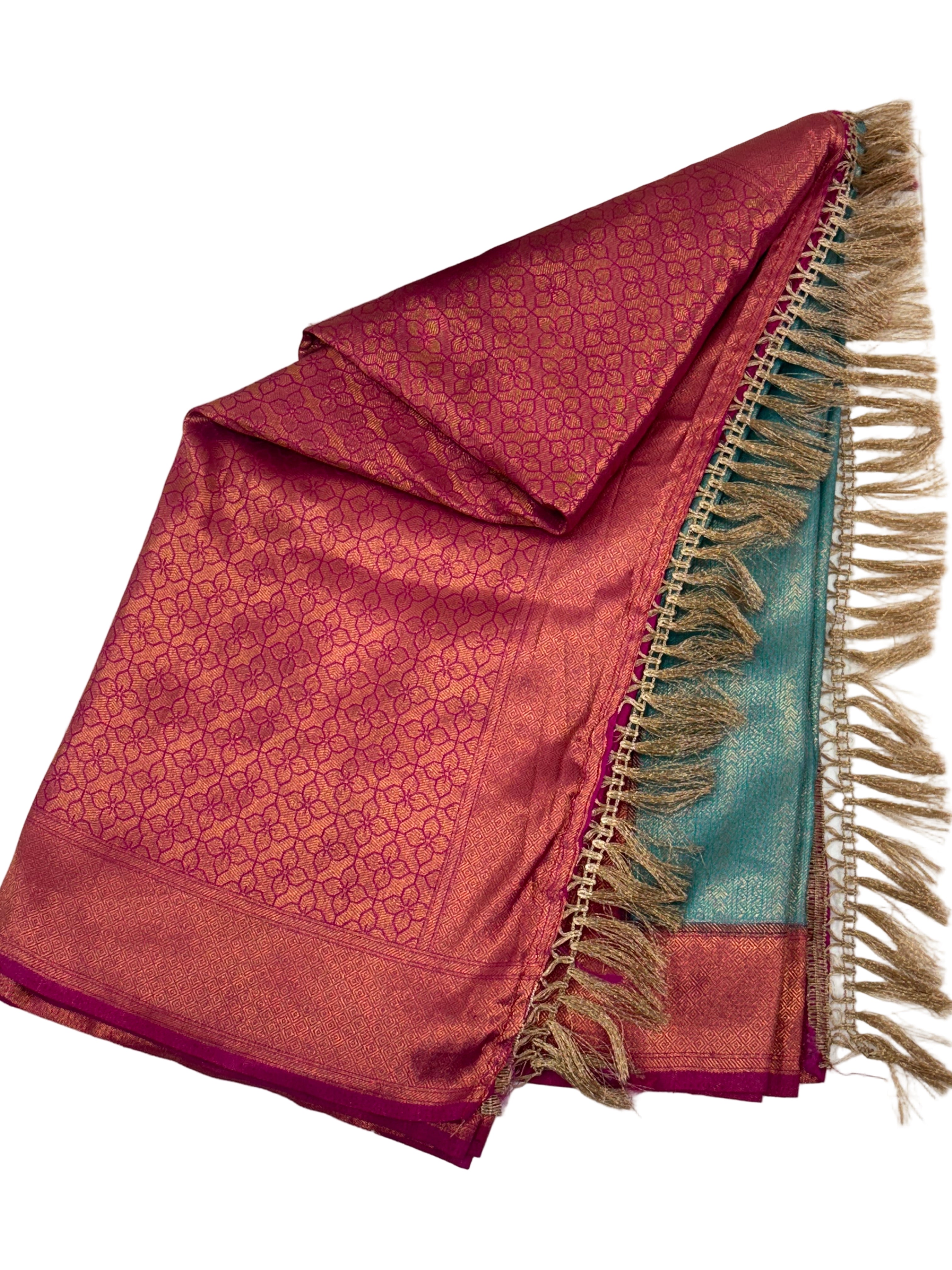 Kanchipuram Silk  (Silk Blend) A traditional dual-panel fabric, featuring a shot-effect reddish-pink and  golden top with woven motifs and a light blue aqua-colored bottom with woven self-stripes.