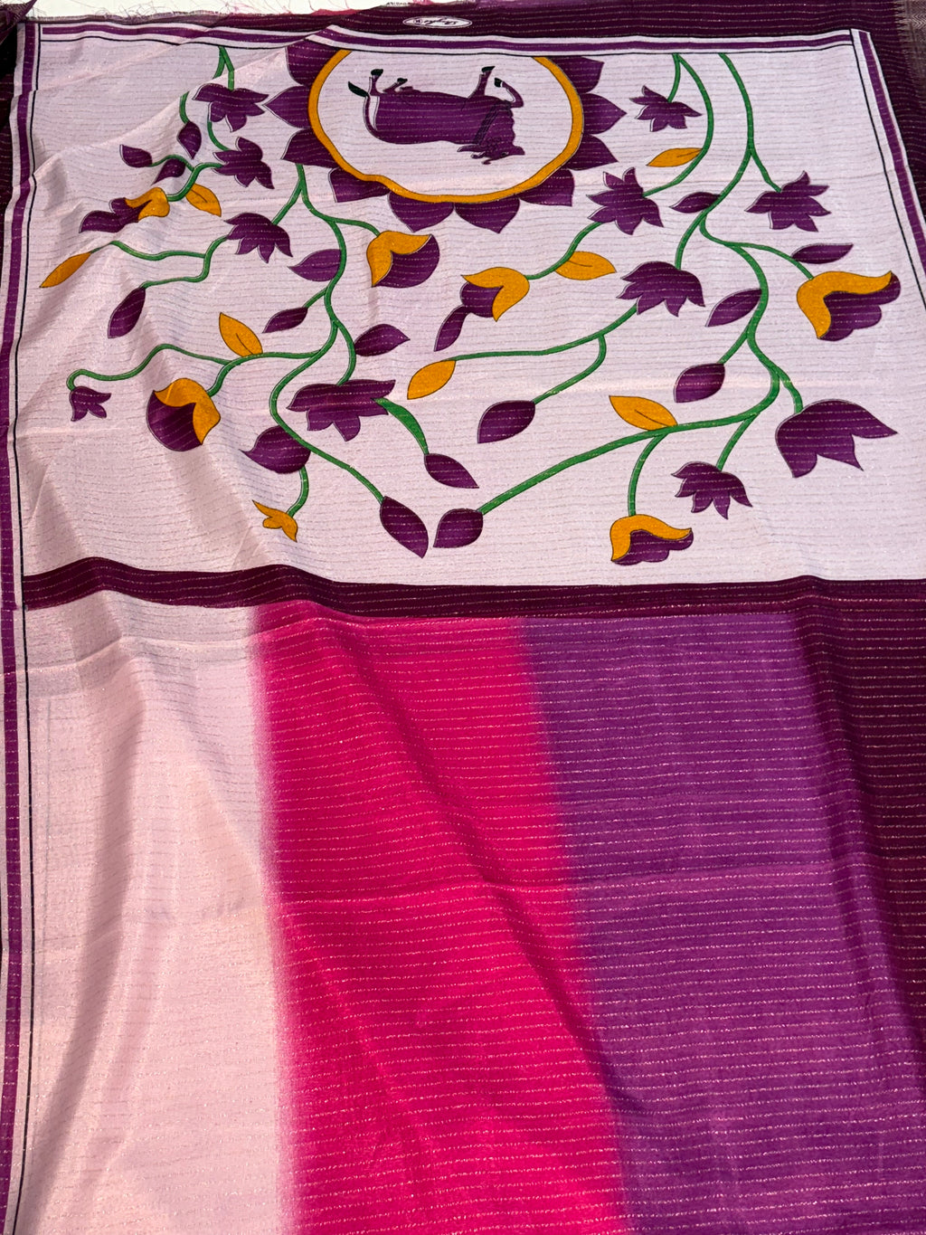 Name: Wine & Pink Floral Saree semi Silk fabric with printed floral pallu and metallic woven texture