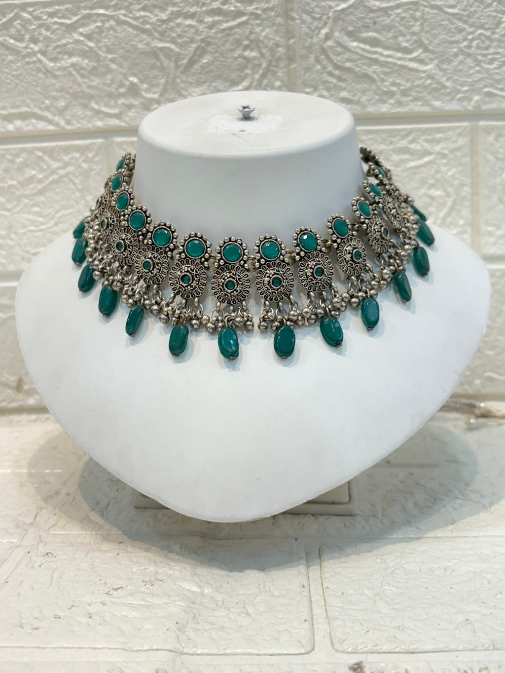 Name: Antique Silver Choker Necklace Oxidized silver metal with green stone embellishments