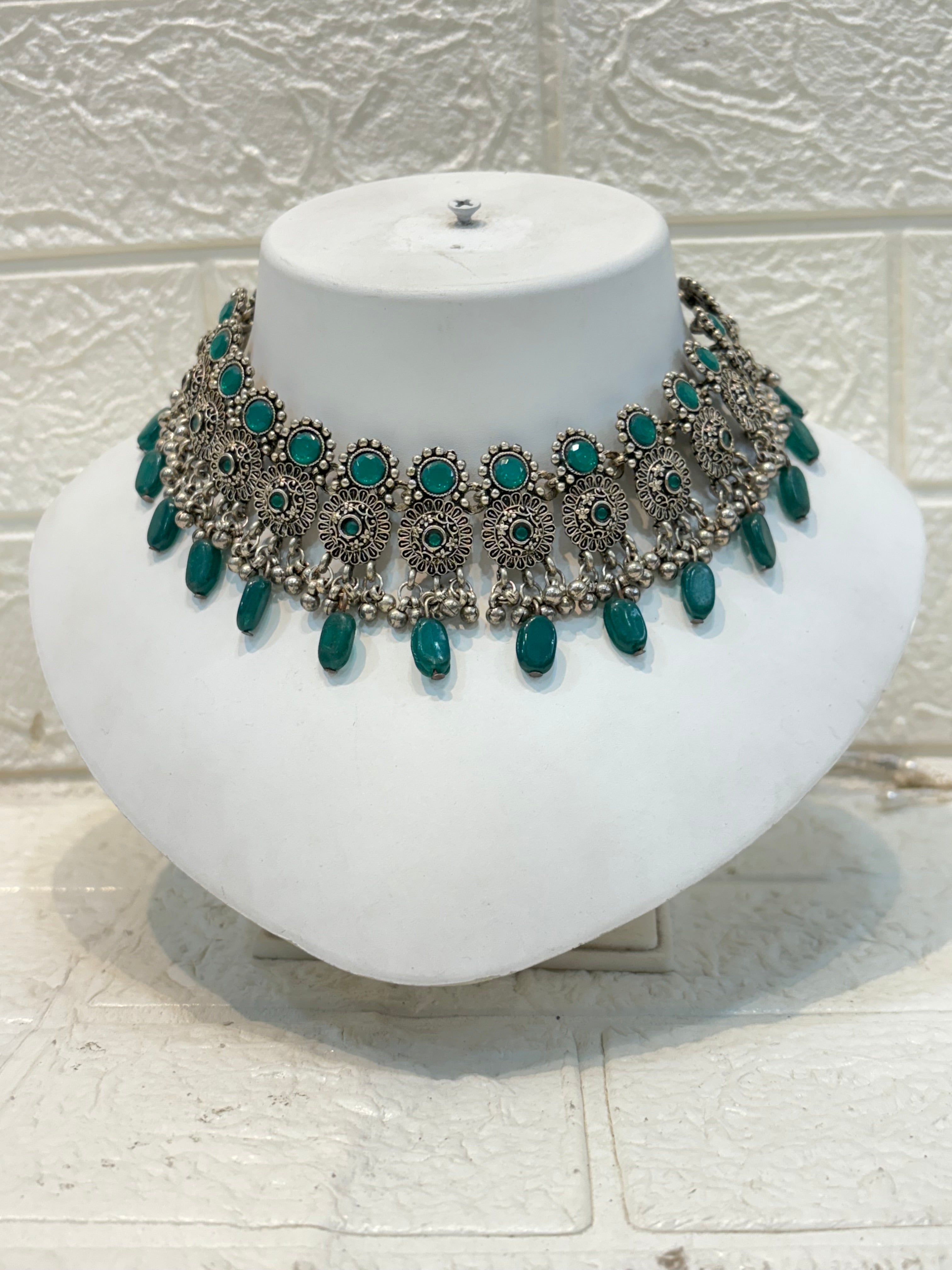 Name: Antique Silver Choker Necklace Oxidized silver metal with green stone embellishments