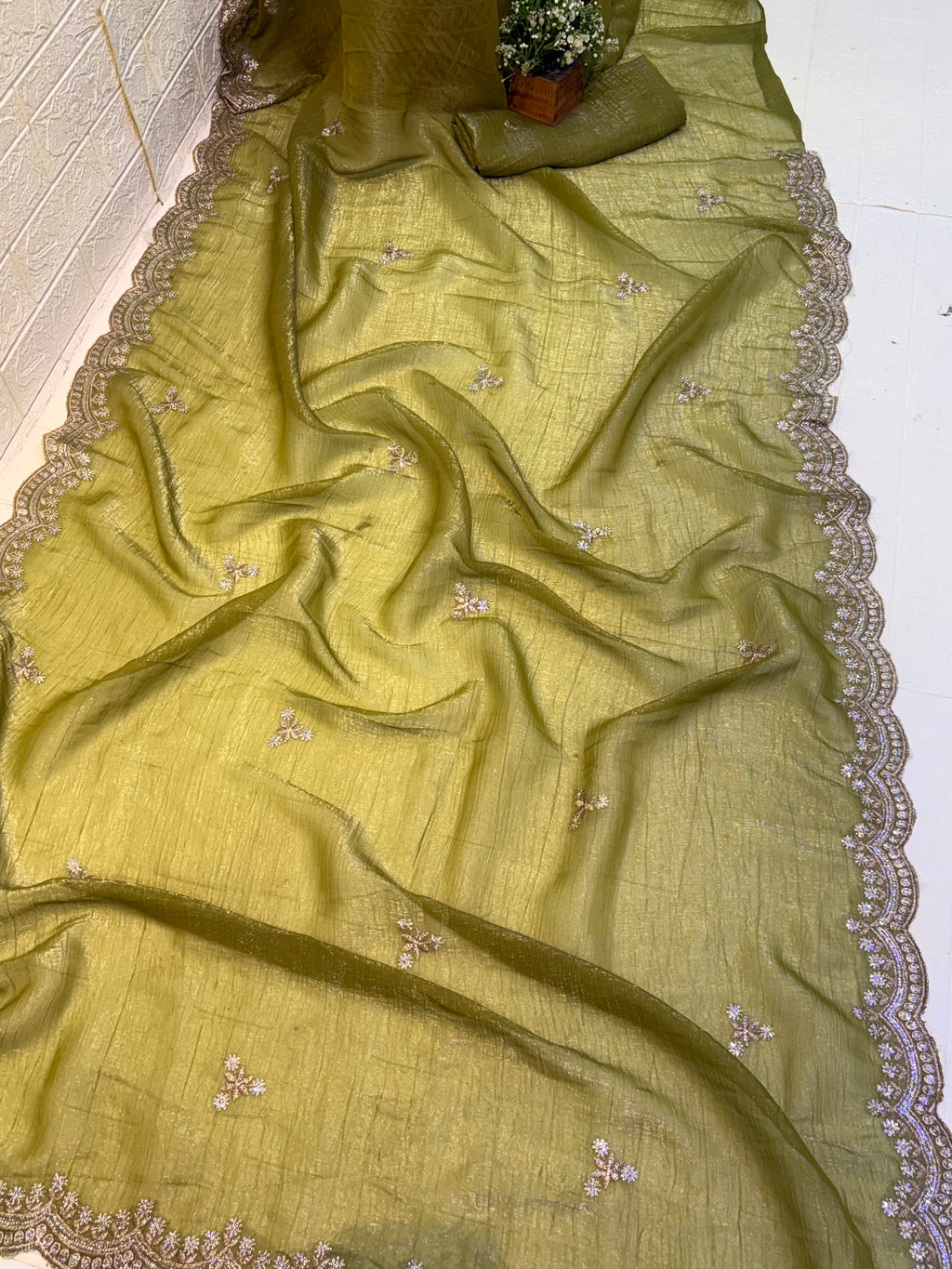 Name: Olive Green burberry silk Embroidered Saree
with delicate thread and sequin work border