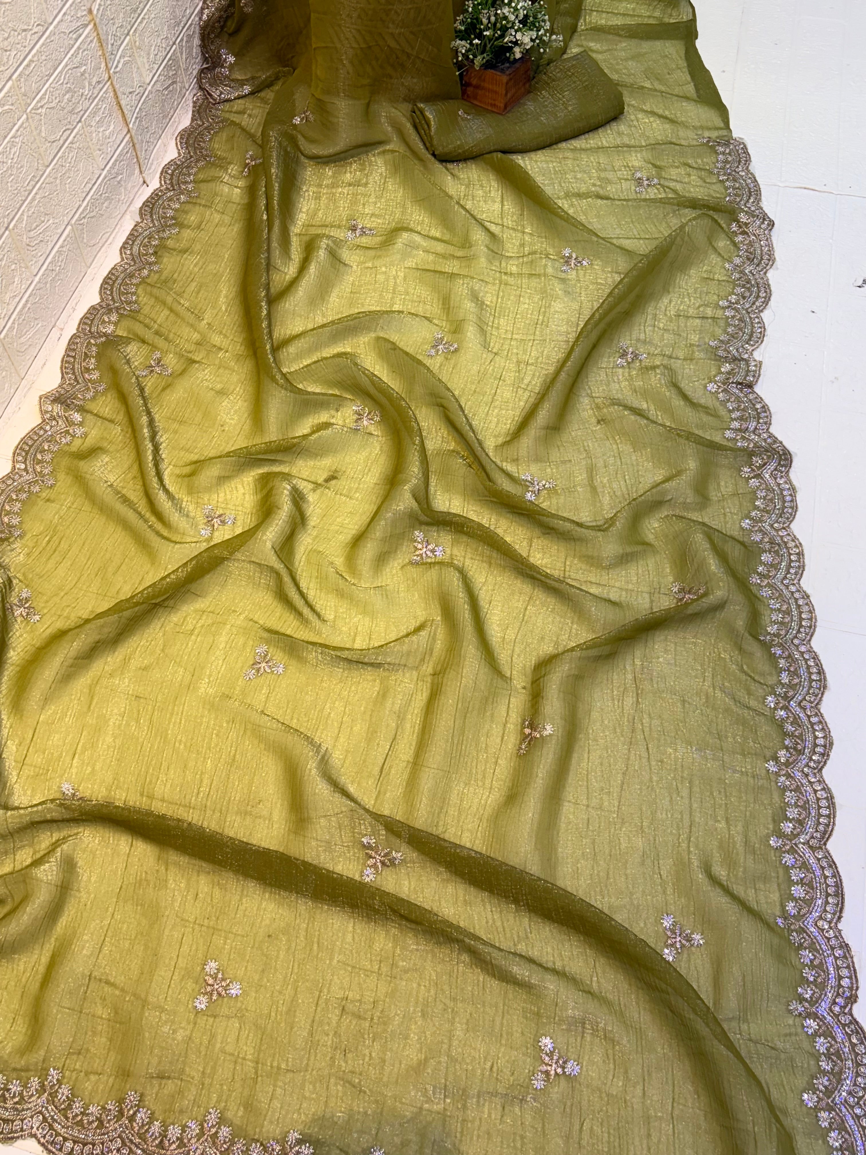 Name: Olive Green burberry silk Embroidered Saree
with delicate thread and sequin work border