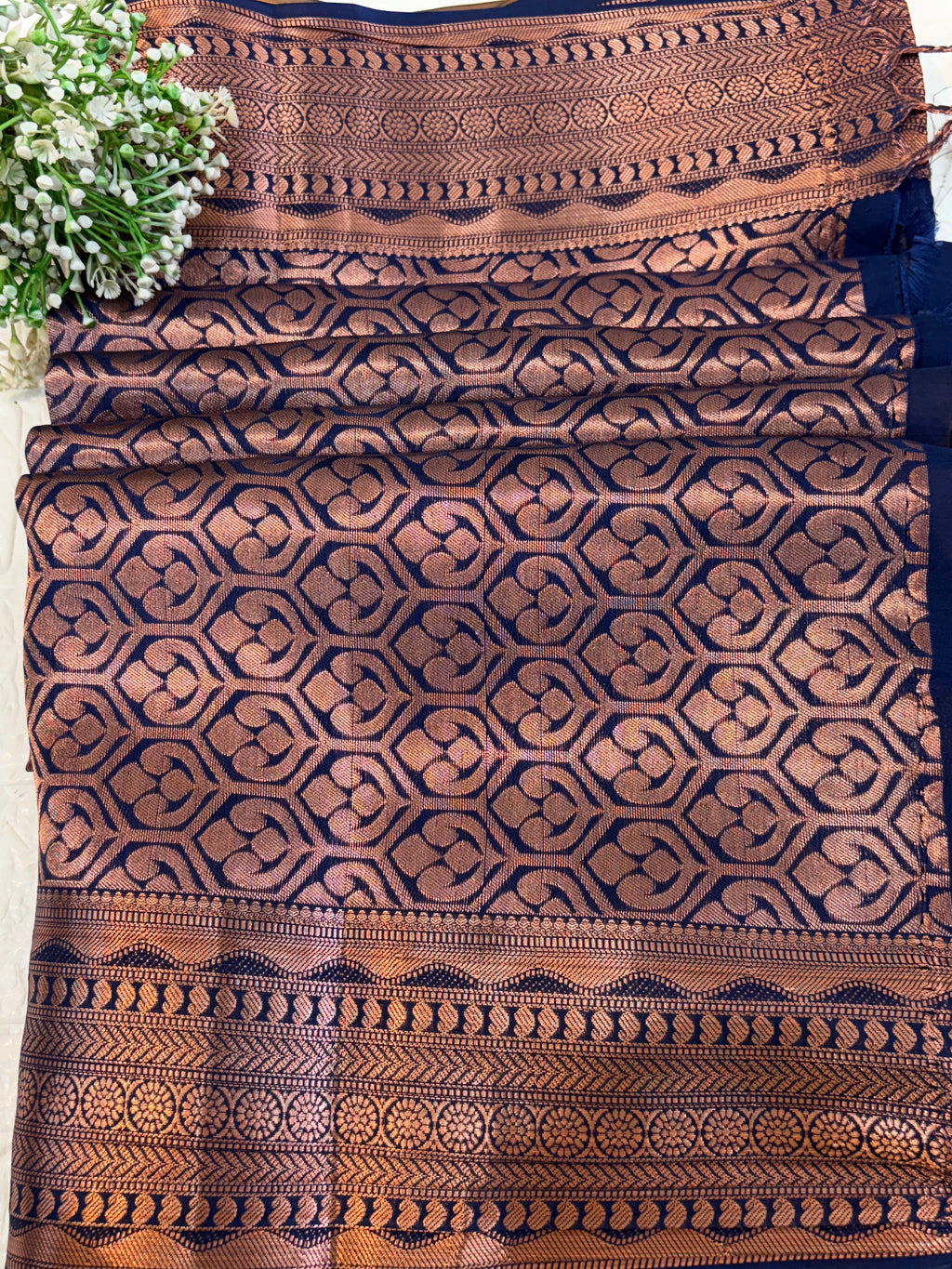 Name: Mustard Yellow soft Silk Saree with Contrast Navy Blue Zari Woven Border and Pallu