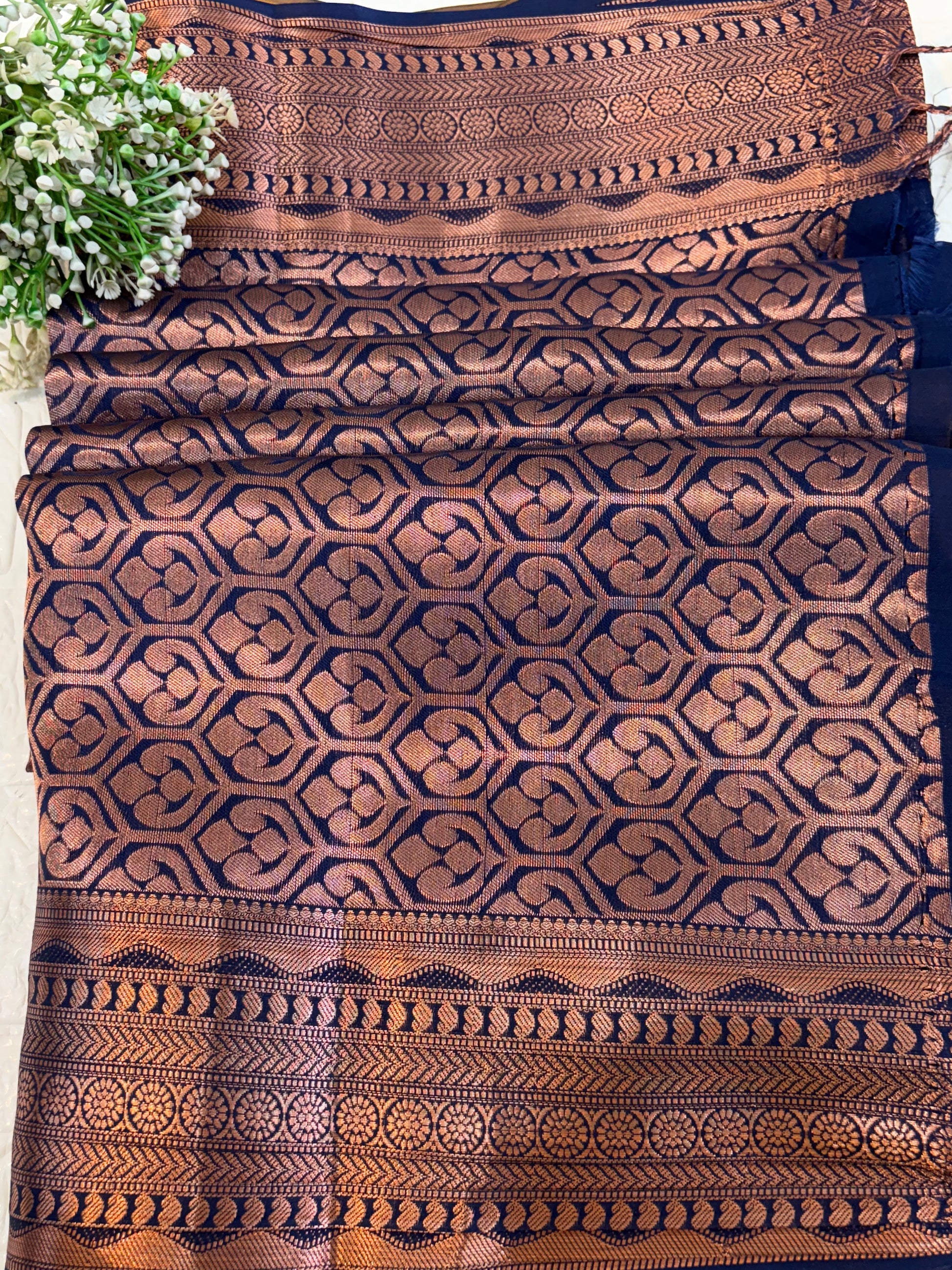 Name: Mustard Yellow soft Silk Saree with Contrast Navy Blue Zari Woven Border and Pallu