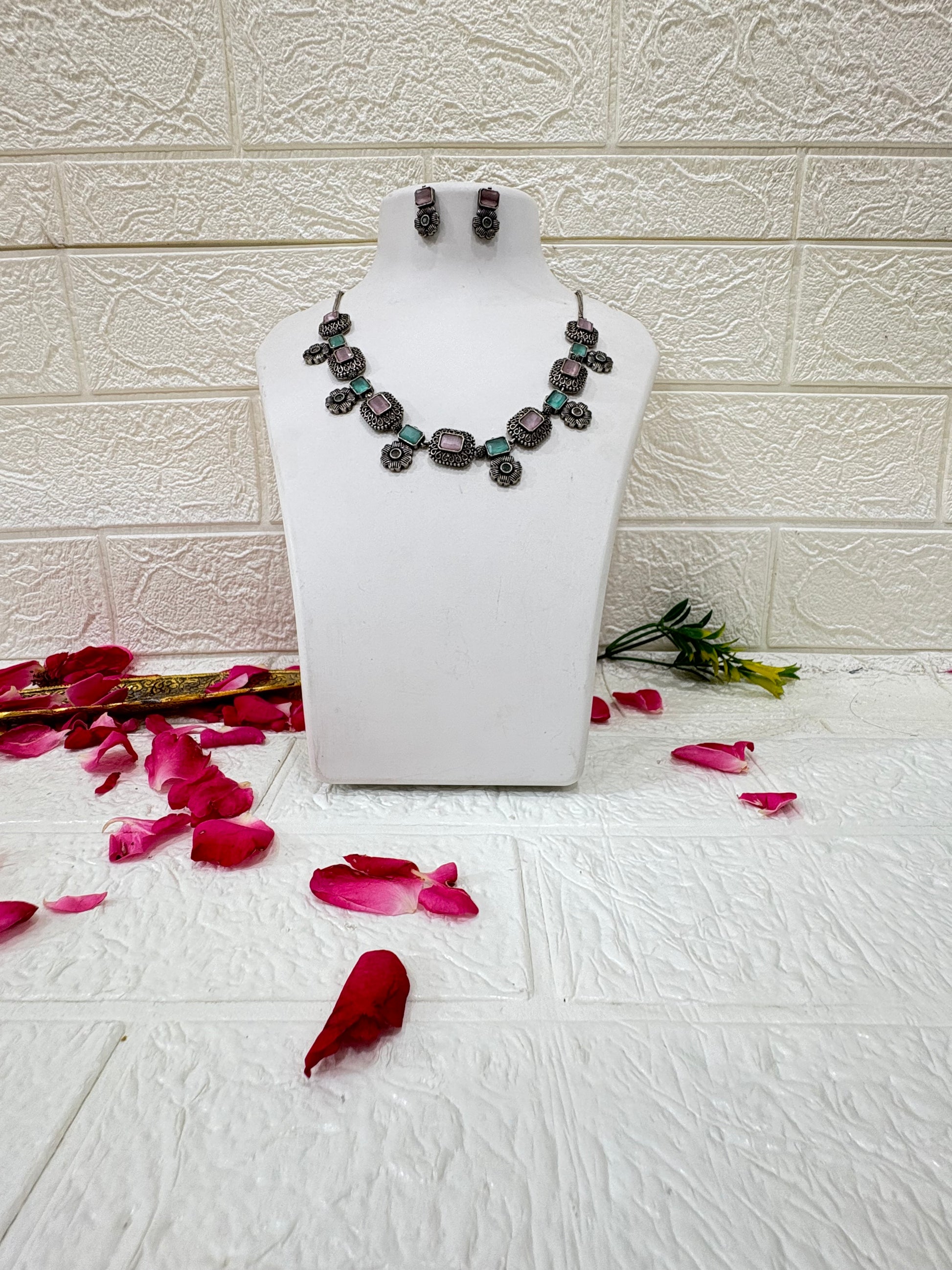 Name: Pastel Bloom Oxidised Necklace Set

Collection: Boho Charm Collection – Elegant Oxidised Jewelry