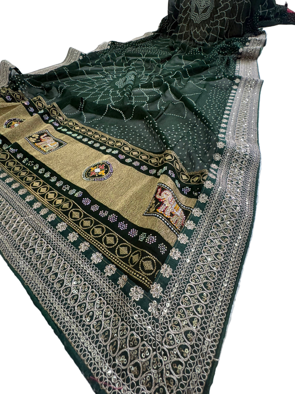 Name: Emerald Bandhej saree Traditional georgette saree featuring intricate bandhej patterns with golden zari and ethnic motif border.