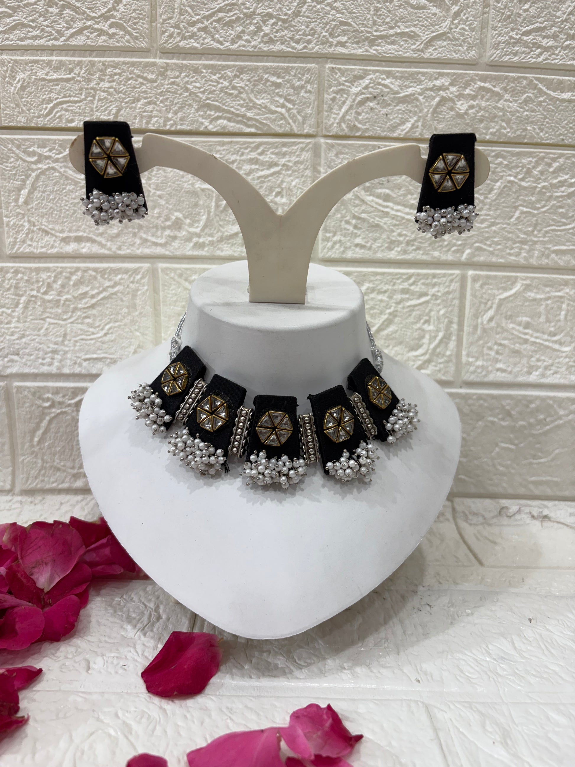 Name:
Black Fabric Choker Set with Mirror Work & Pearl Drops

Collection:
Festive & Wedding Jewelry Collection
(or if you want it more niche: Elegant Black Edit – Statement Jewelry Collection)

This will make it easy for customers to browse and also give