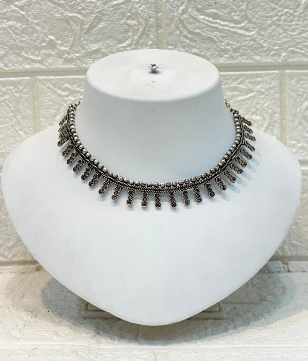 Name: Classic Oxidized Silver Choker Oxidized silver metal with intricate bead and loop detailing