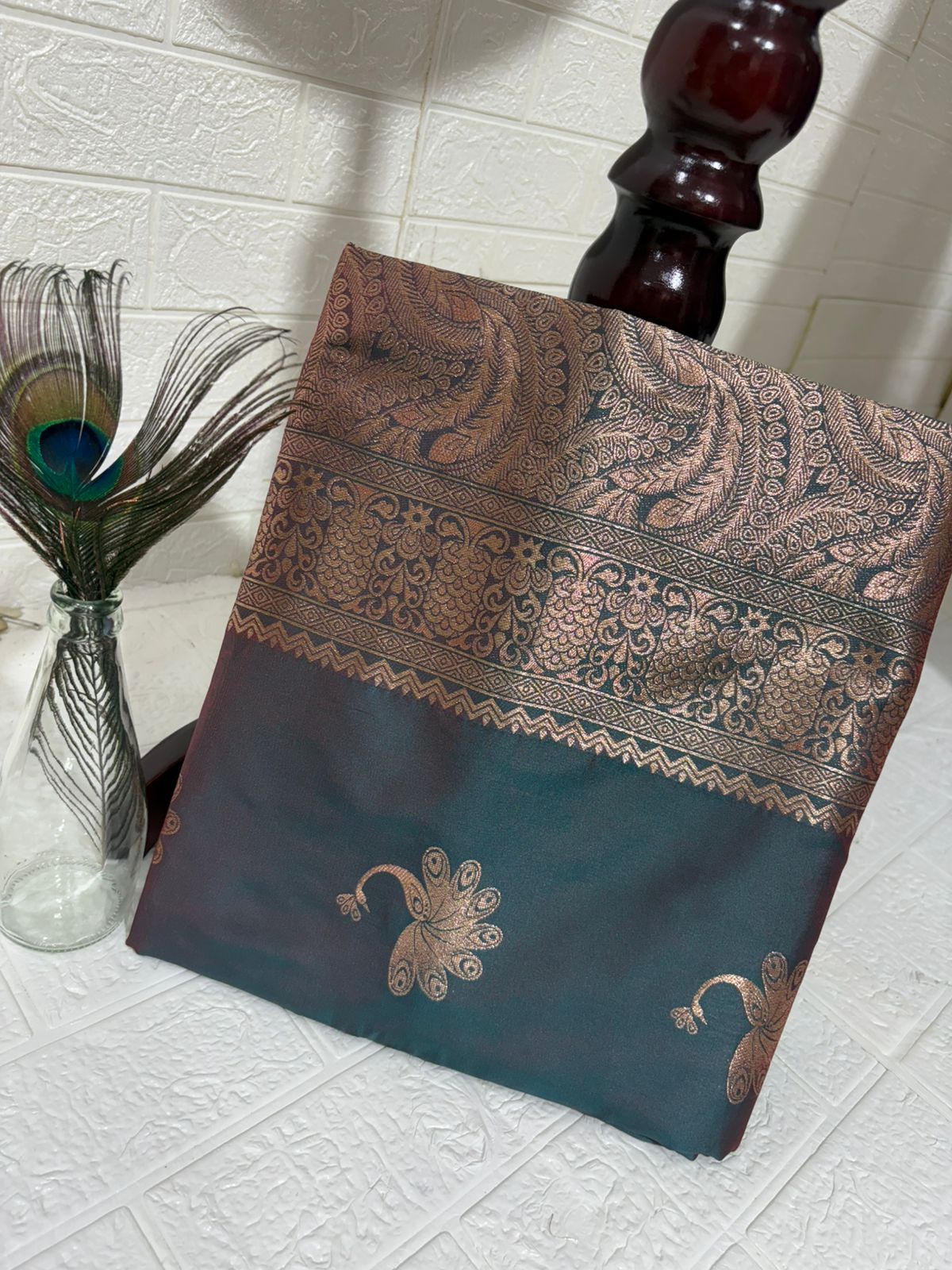 Teal and Maroon Dual-Tone Banarasi Silk Saree with Gold Zari Peacock Motifs