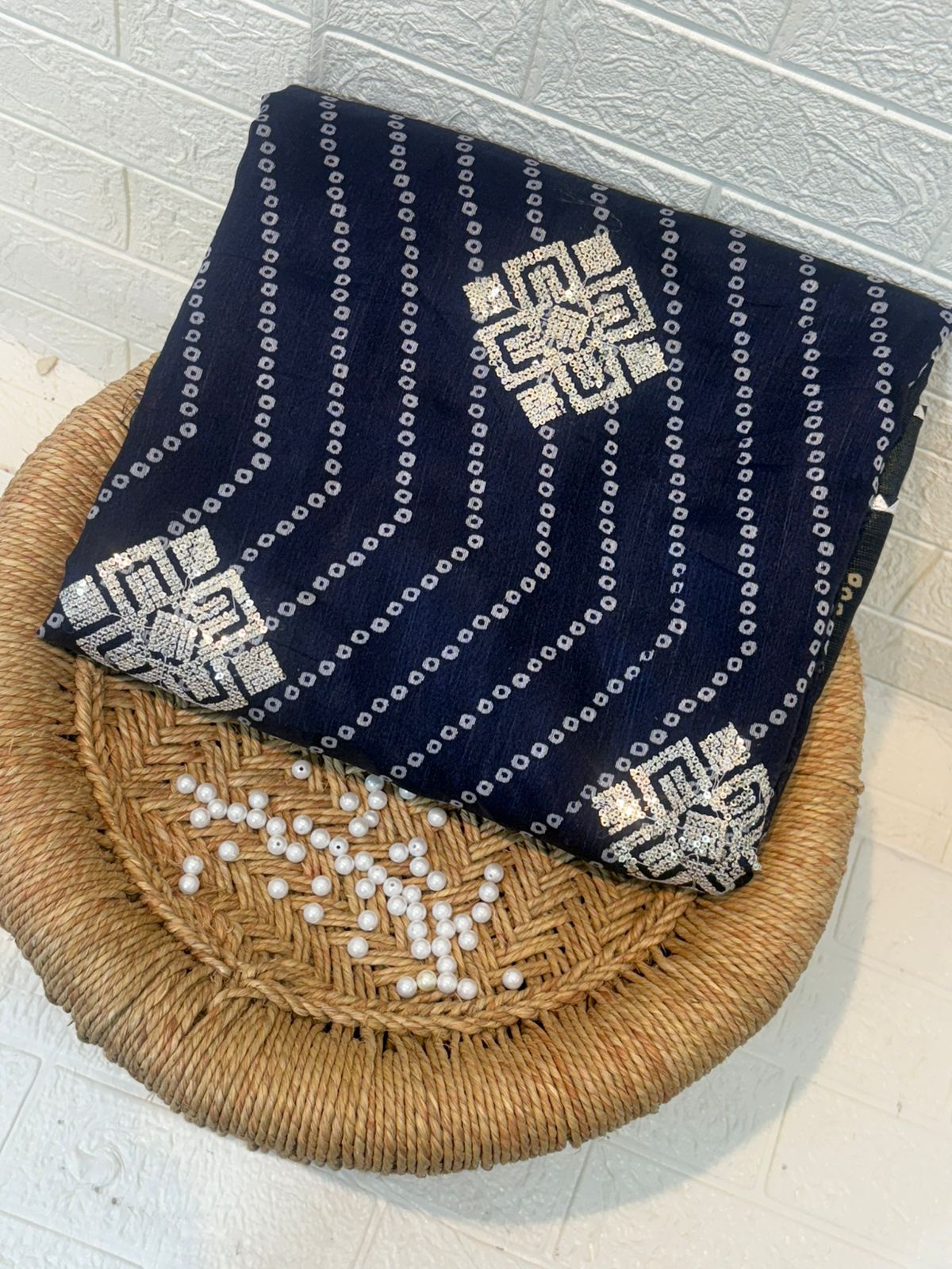 Navy Blue Geometric Bandhani Saree with Silver Sequin Embellishments
