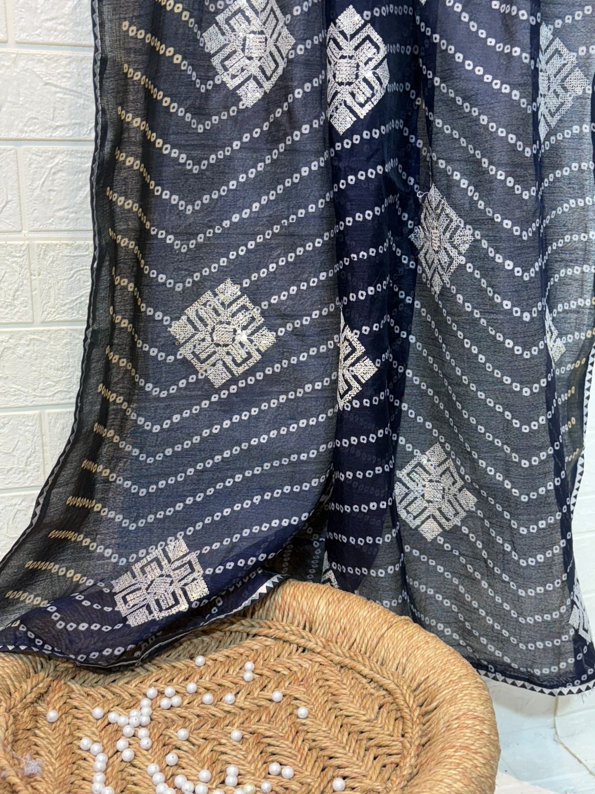 Navy Blue Geometric Bandhani Saree with Silver Sequin Embellishments
