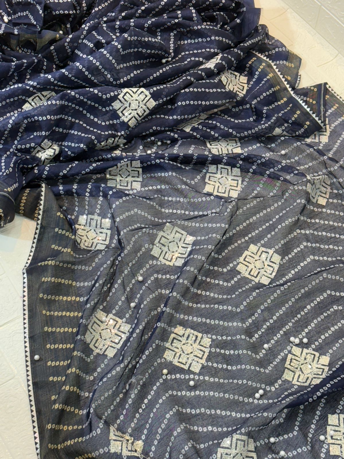 Navy Blue Geometric Bandhani Saree with Silver Sequin Embellishments