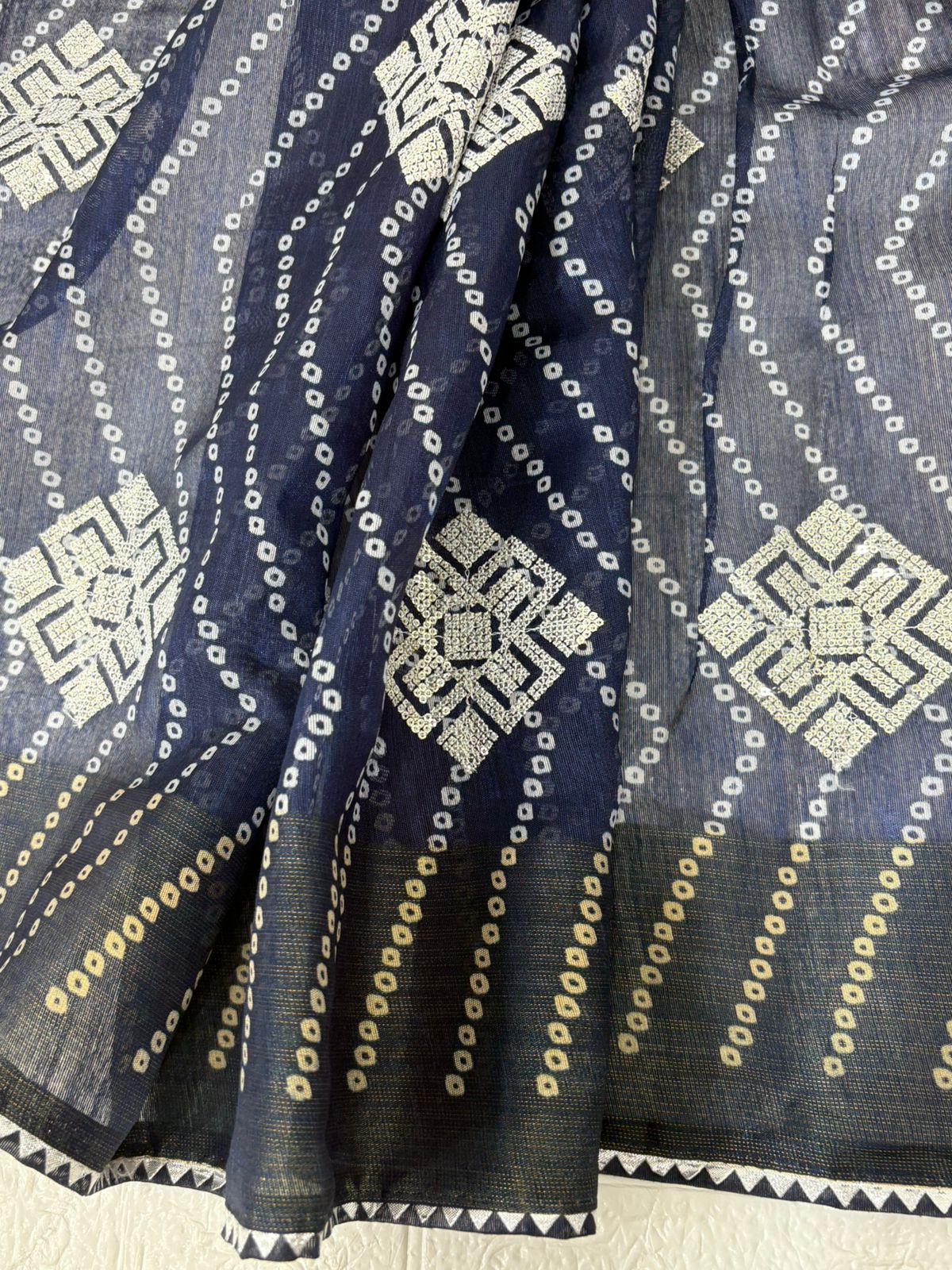 Navy Blue Geometric Bandhani Saree with Silver Sequin Embellishments