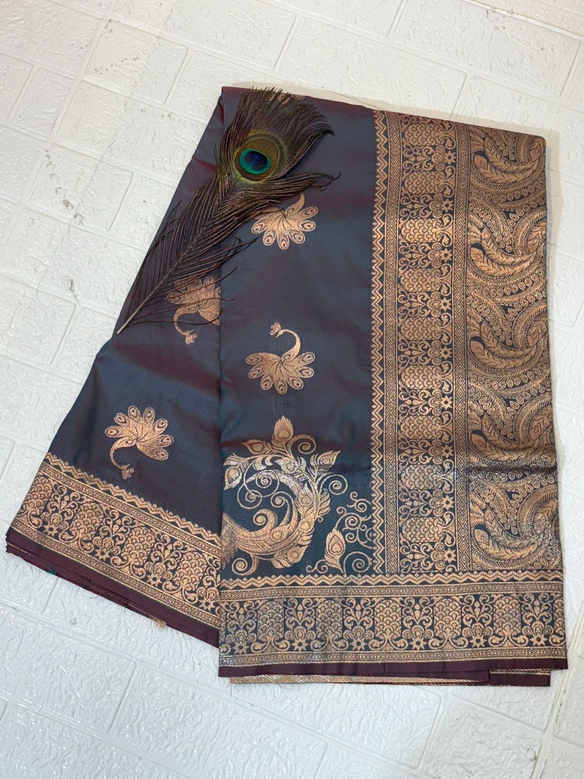 Teal and Maroon Dual-Tone Banarasi Silk Saree with Gold Zari Peacock Motifs
