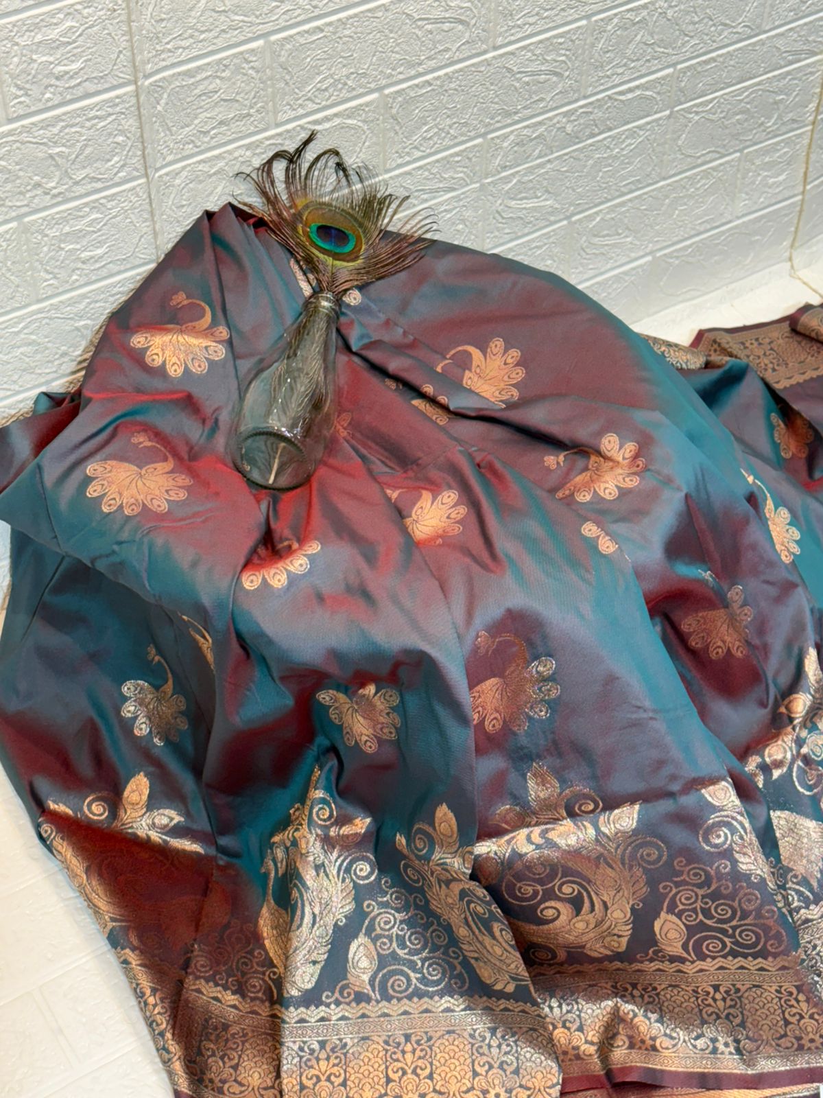 Teal and Maroon Dual-Tone Banarasi Silk Saree with Gold Zari Peacock Motifs