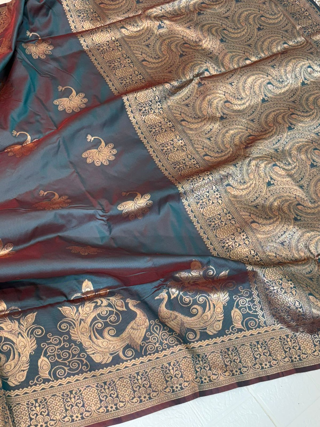 Teal and Maroon Dual-Tone Banarasi Silk Saree with Gold Zari Peacock Motifs