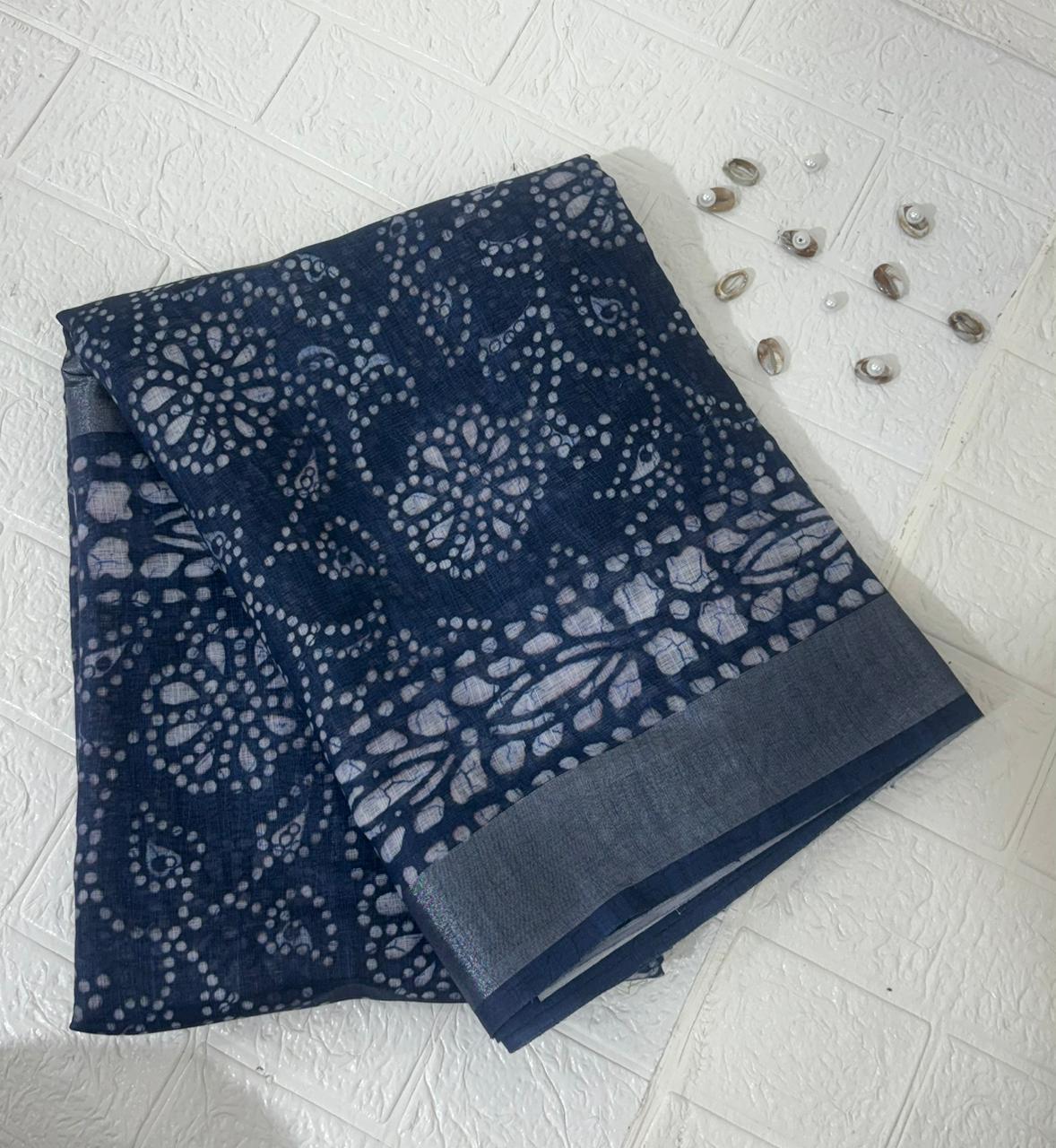 Navy Blue Bandhani Printed Cotton Saree with Subtle Silver Border