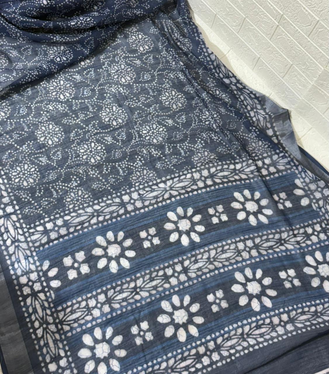 Navy Blue Bandhani Printed Cotton Saree with Subtle Silver Border