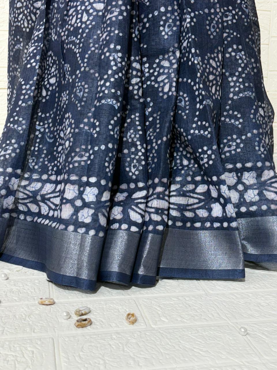Navy Blue Bandhani Printed Cotton Saree with Subtle Silver Border