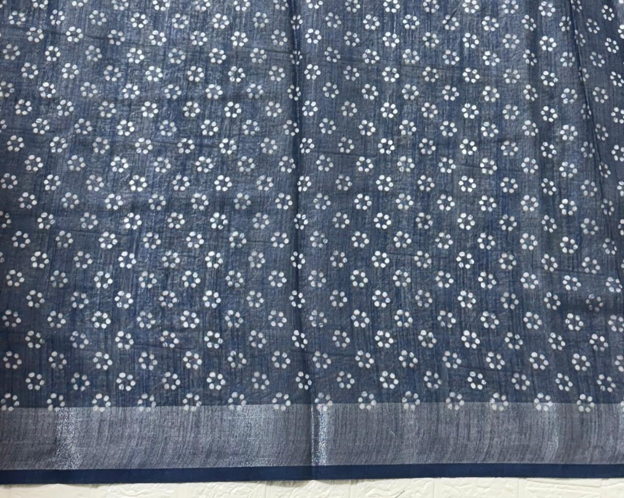 Navy Blue Bandhani Printed Cotton Saree with Subtle Silver Border