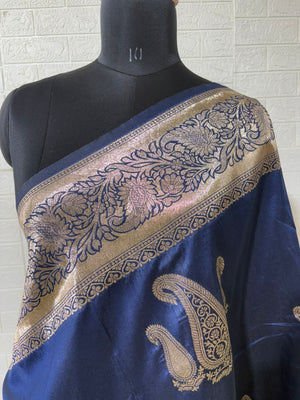 Royal Navy Blue Banarasi Silk Saree with Antique Gold Zari Work