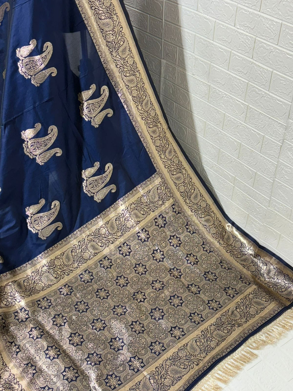 Royal Navy Blue Banarasi Silk Saree with Antique Gold Zari Work