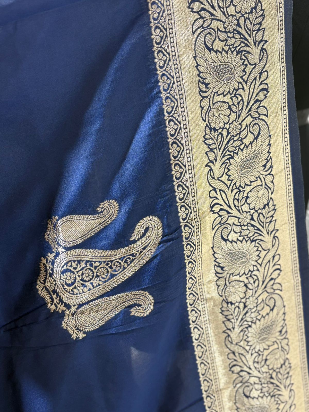 Royal Navy Blue Banarasi Silk Saree with Antique Gold Zari Work
