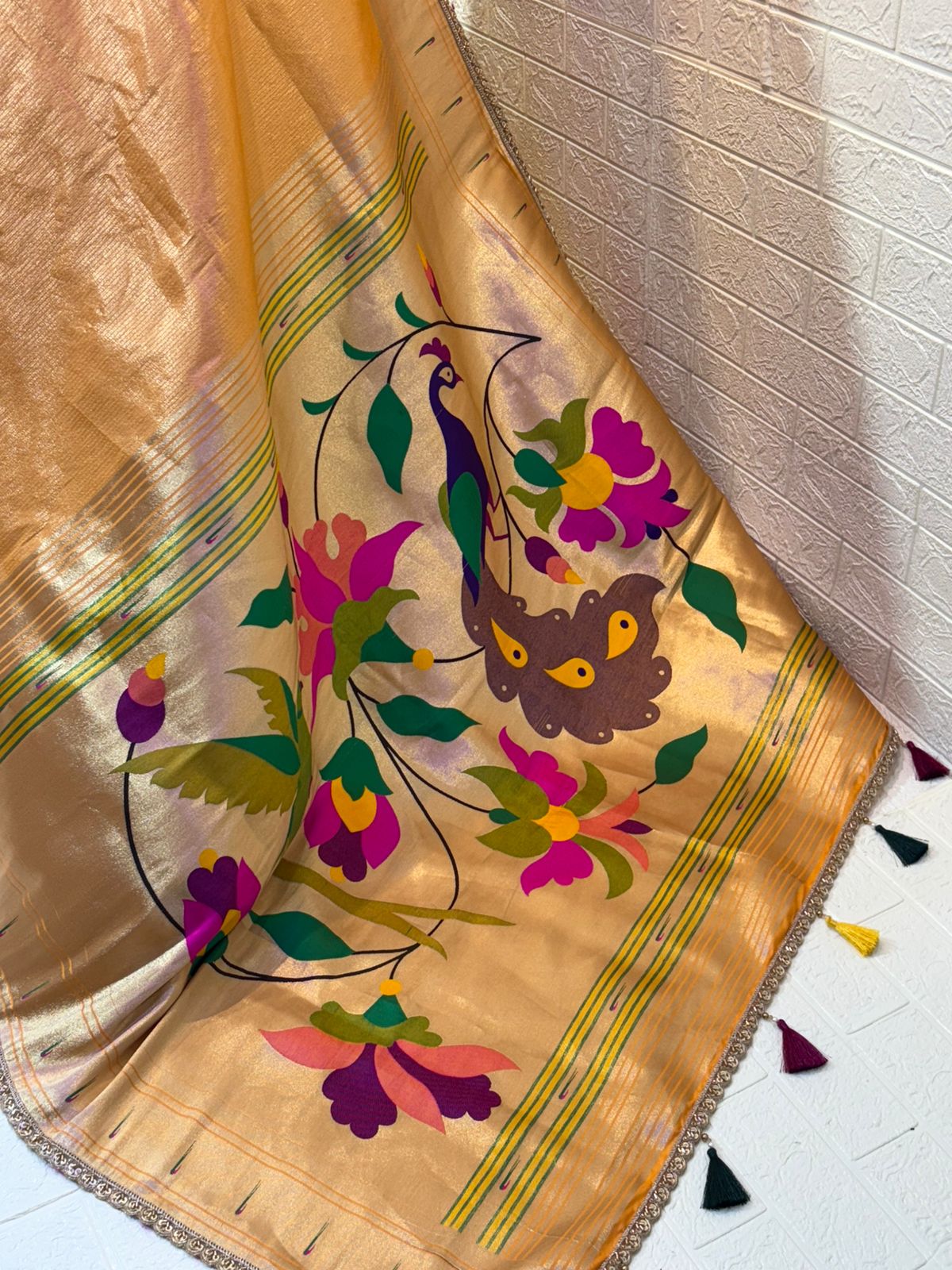 Golden Tissue Paithani Saree with Handwoven Peacock & Floral Motif Pallu