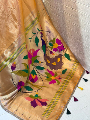 Golden Tissue Paithani Saree with Handwoven Peacock & Floral Motif Pallu