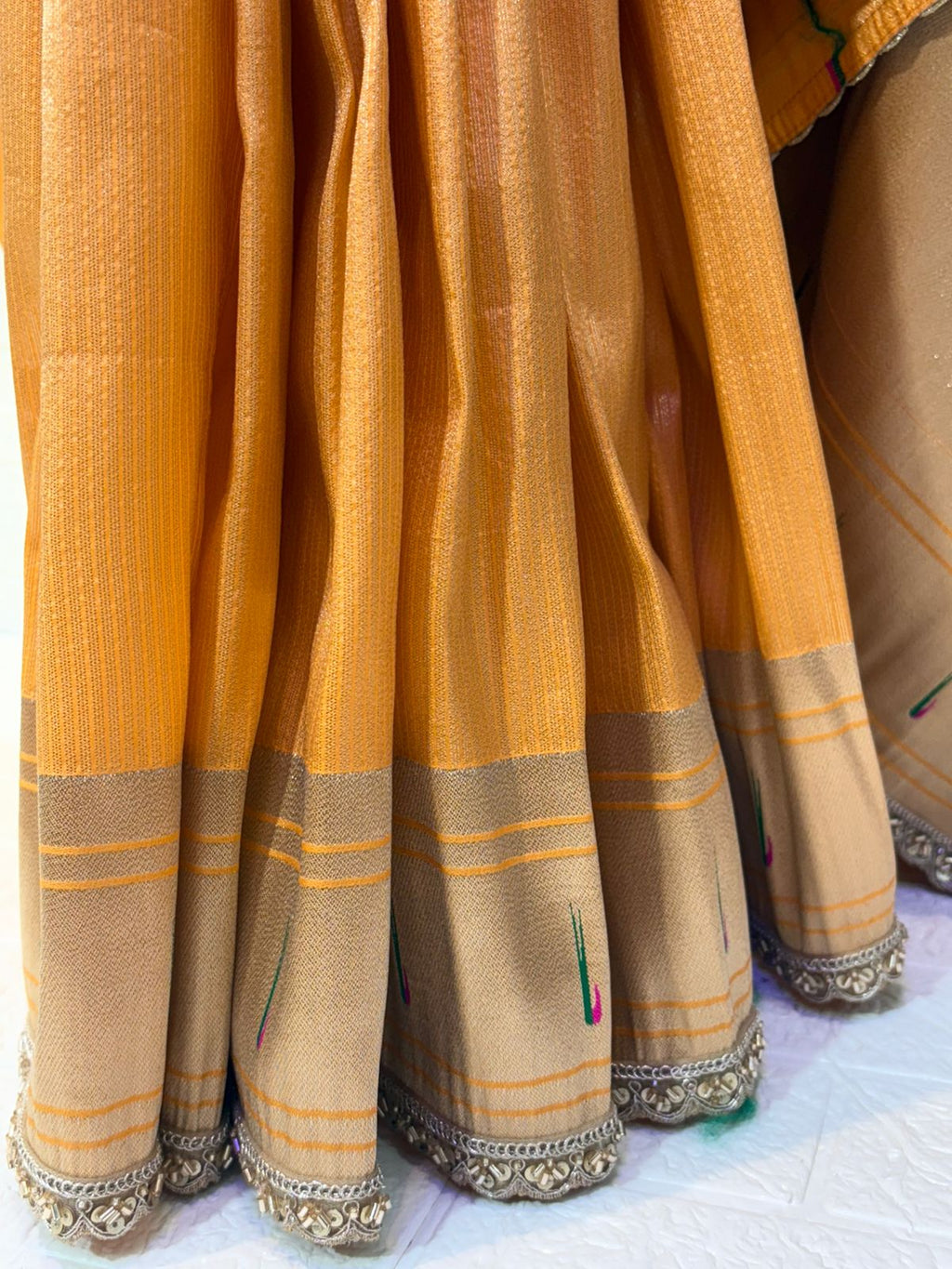 Golden Tissue Paithani Saree with Handwoven Peacock & Floral Motif Pallu
