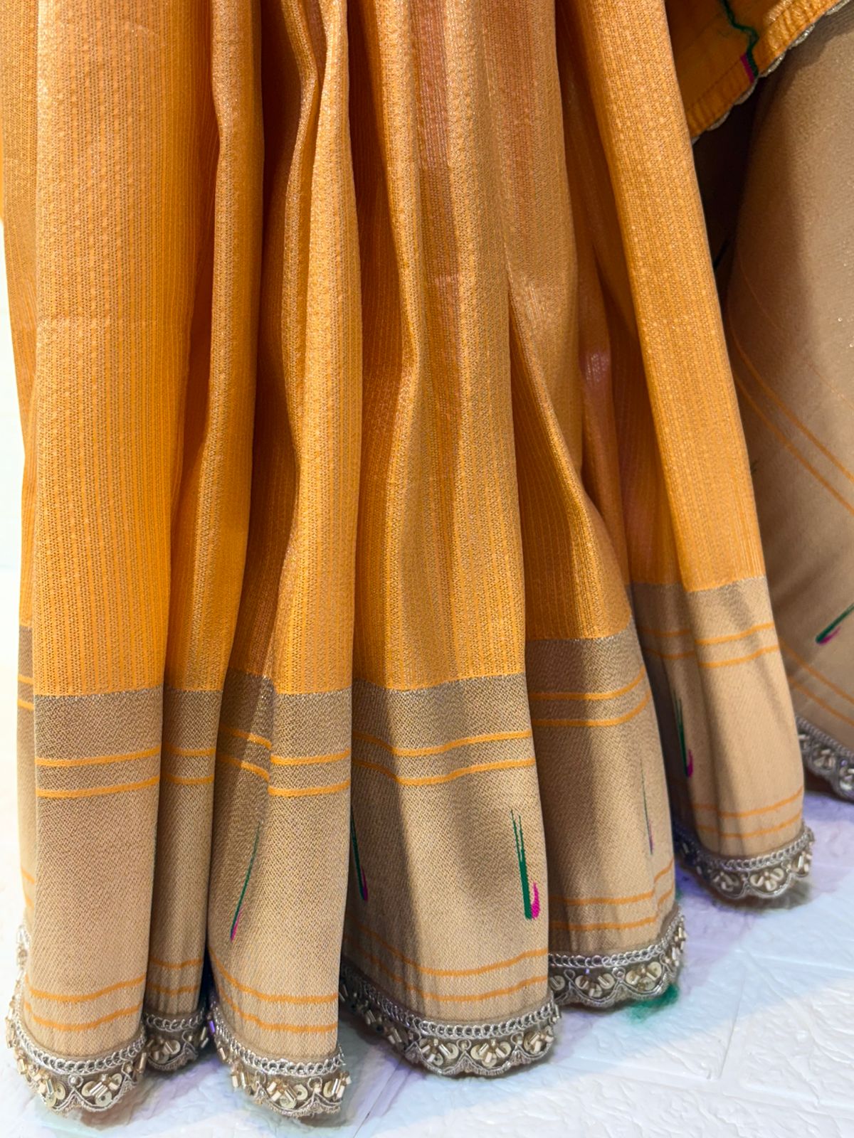 Golden Tissue Paithani Saree with Handwoven Peacock & Floral Motif Pallu
