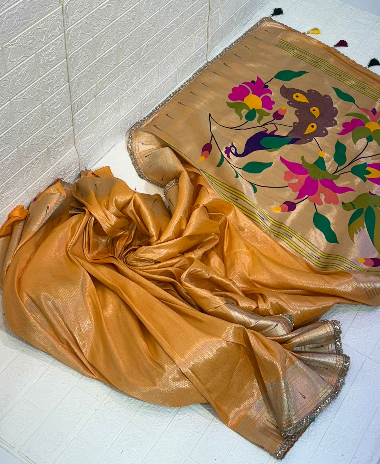 Golden Tissue Paithani Saree with Handwoven Peacock & Floral Motif Pallu